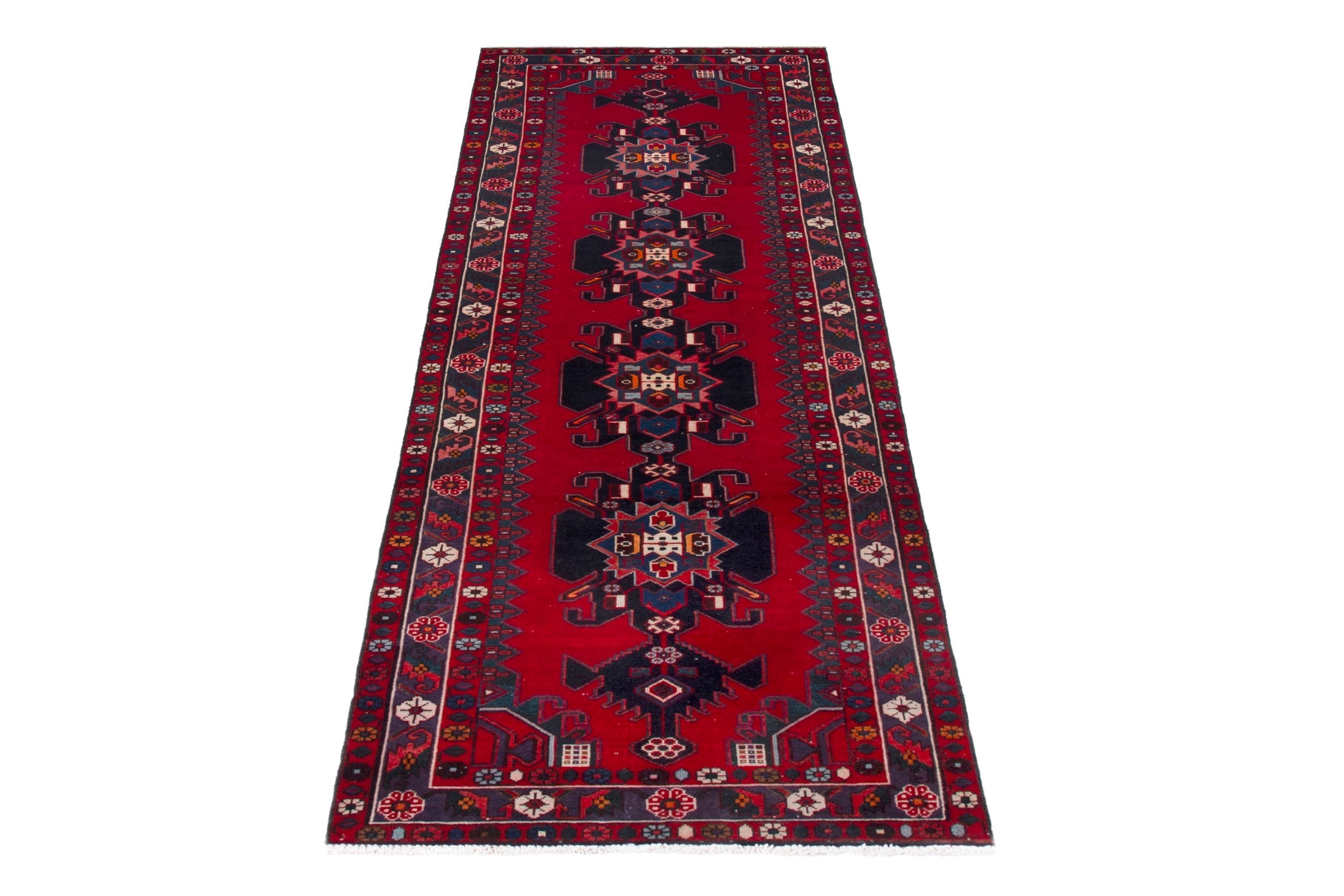 Persian Zanjan runner rug in deep red and burgundy, view 2 of 17