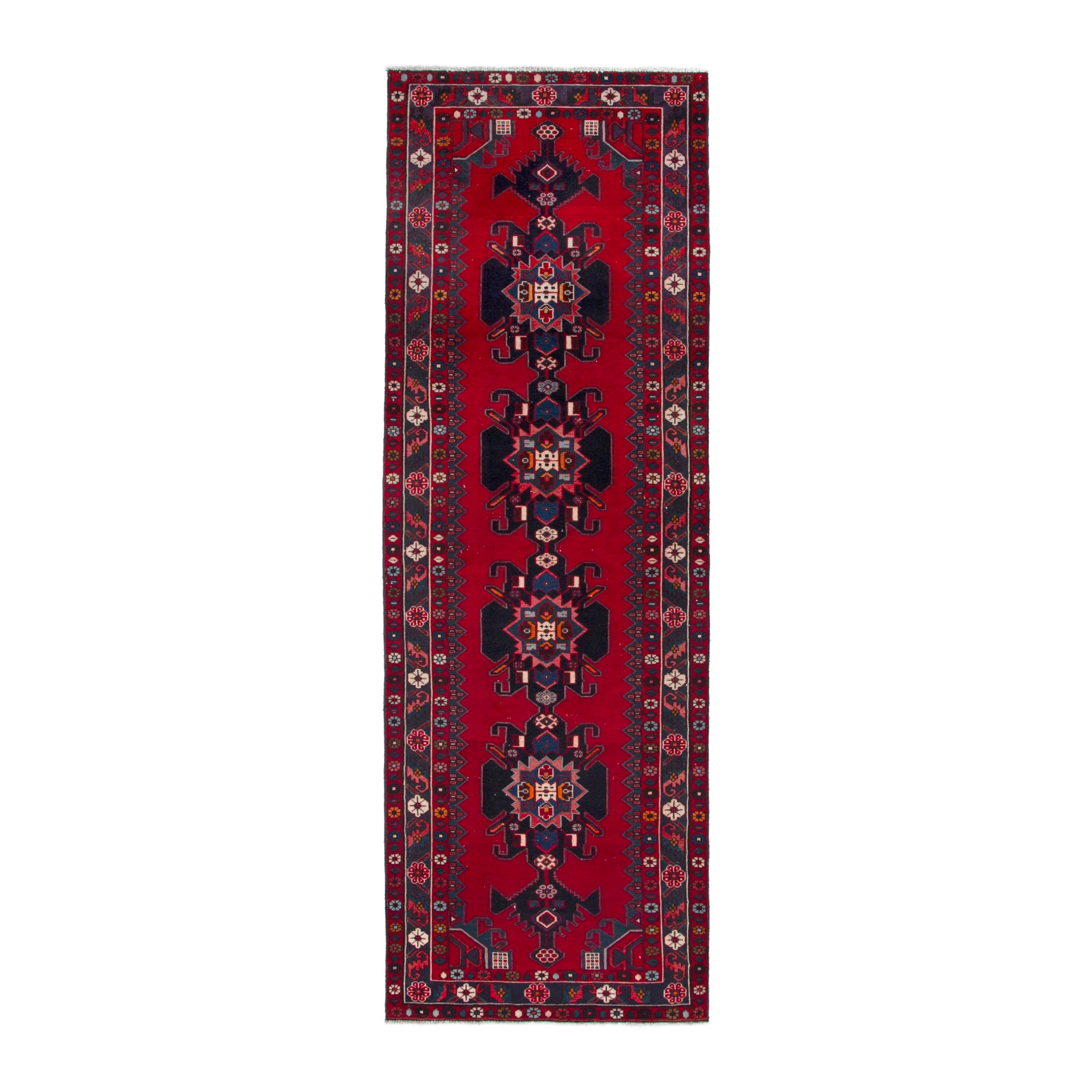Persian Zanjan runner rug in deep red and burgundy, 3'5" x 10'