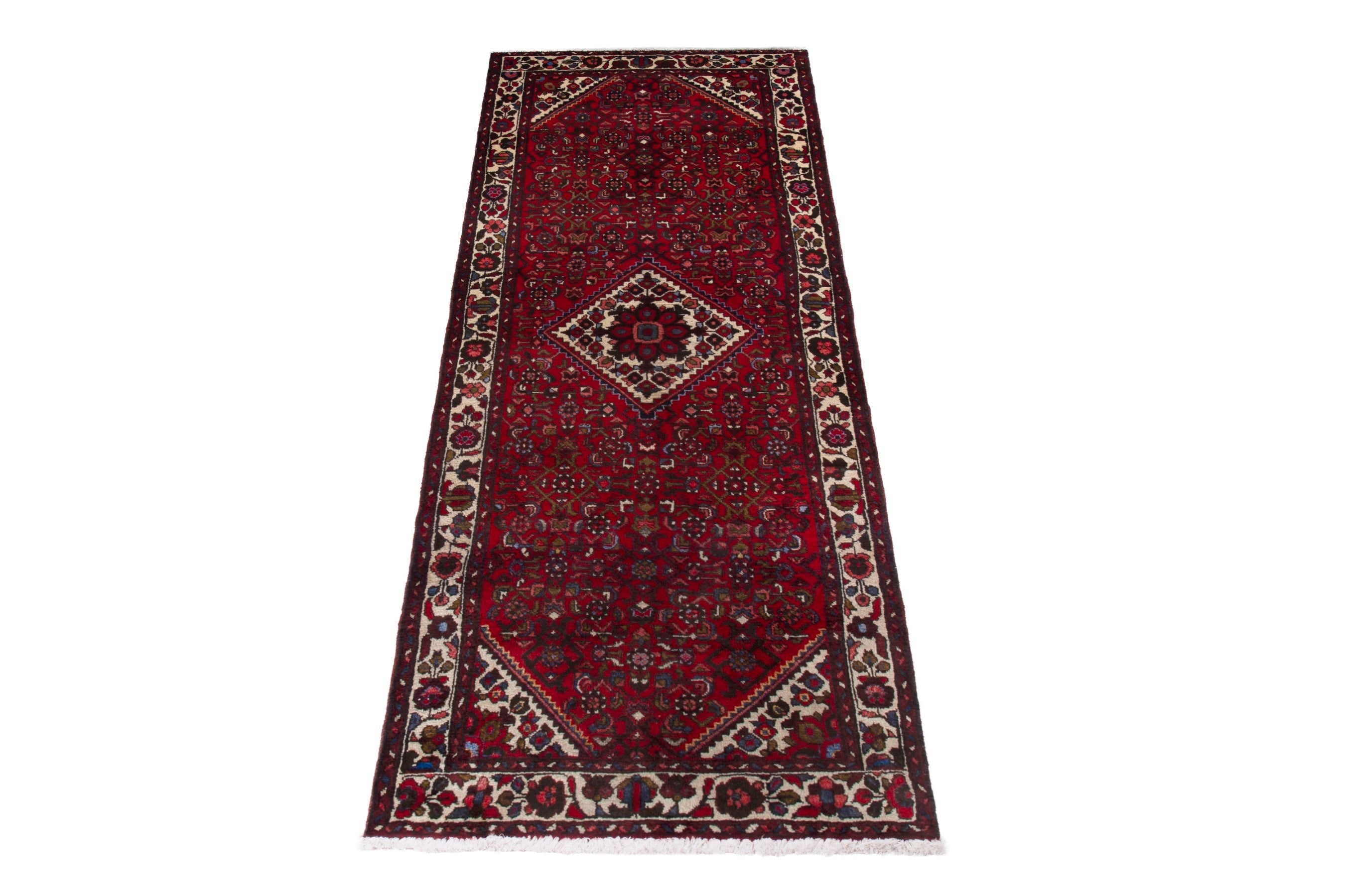 Persian Hamedan runner rug in deep red and off-white, view 2 of 17