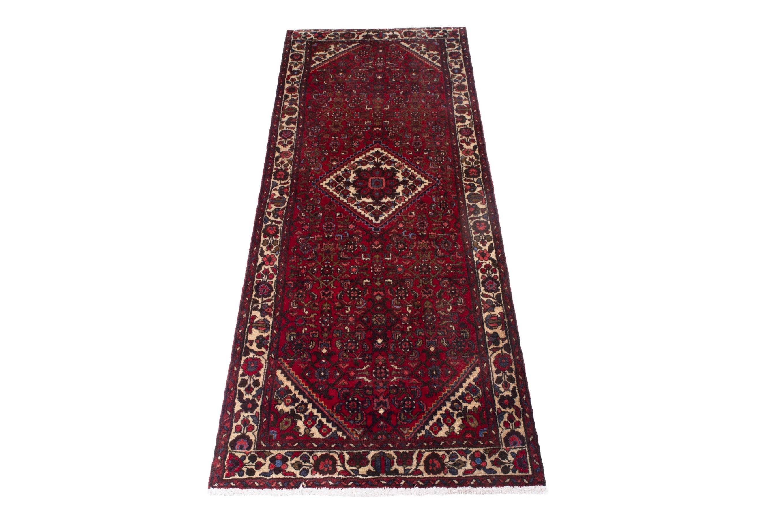 Persian Hamedan runner rug in deep red and off-white, view 3 of 17