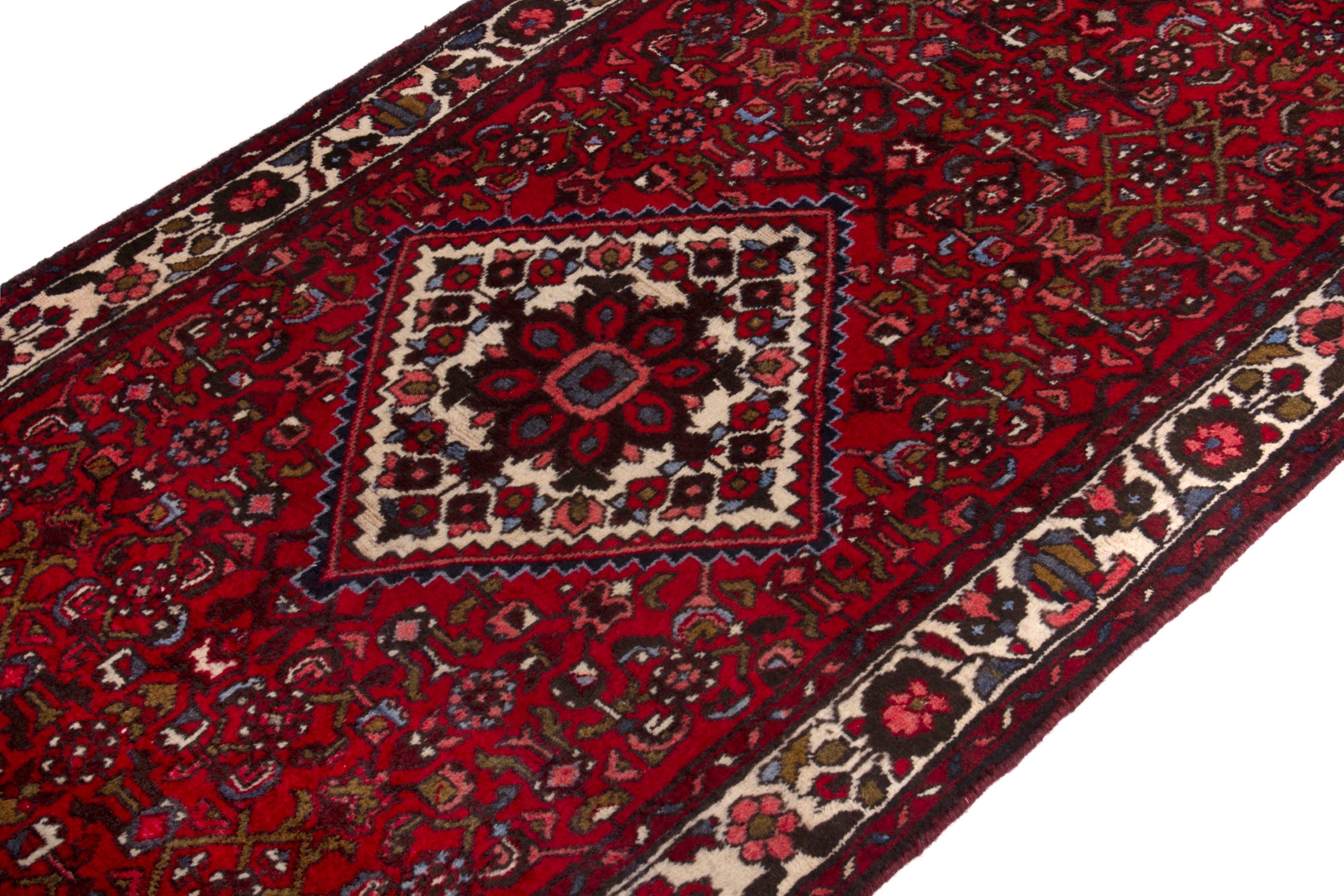 Persian Hamedan runner rug in deep red and off-white, view 6 of 17