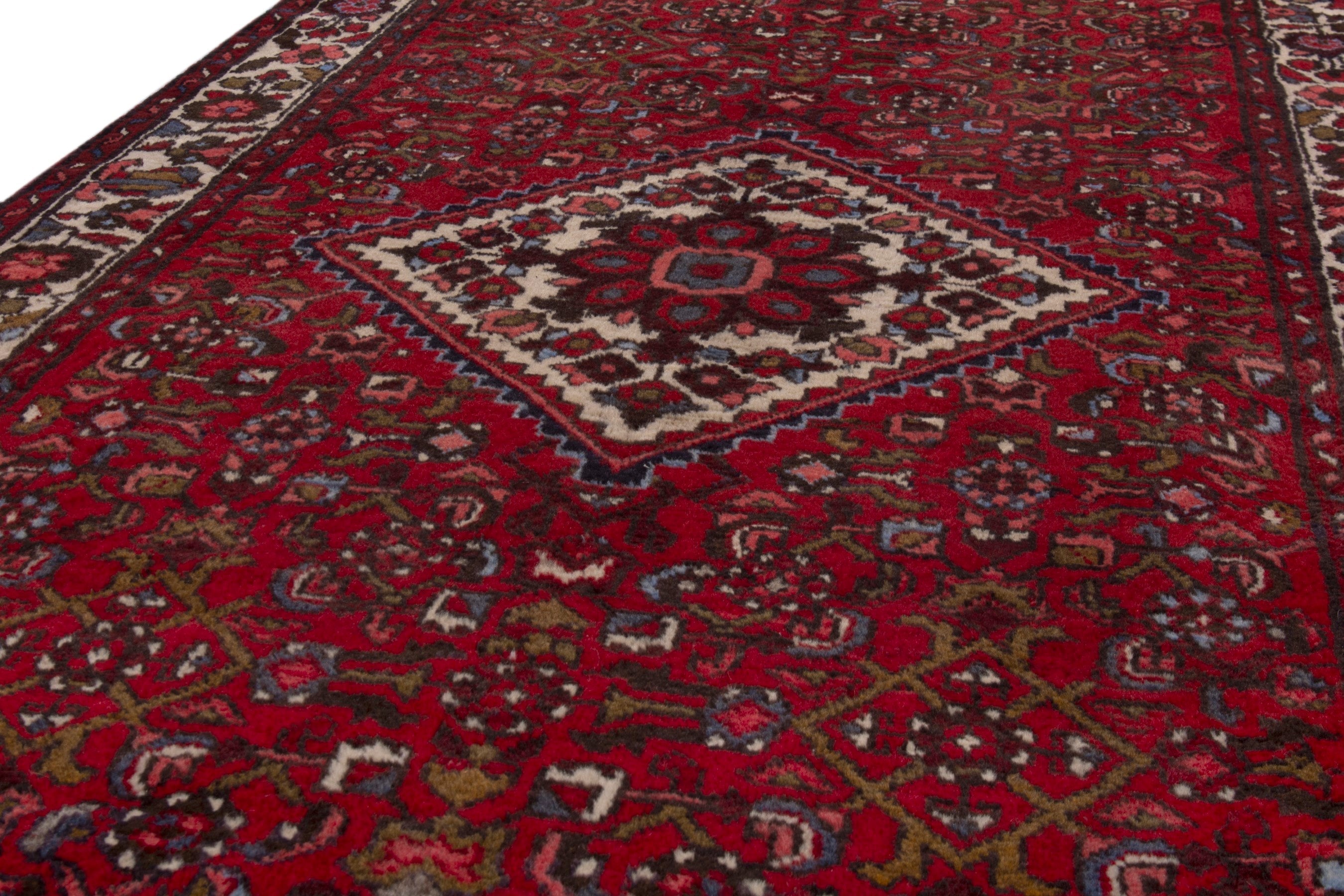Persian Hamedan runner rug in deep red and off-white, view 7 of 17