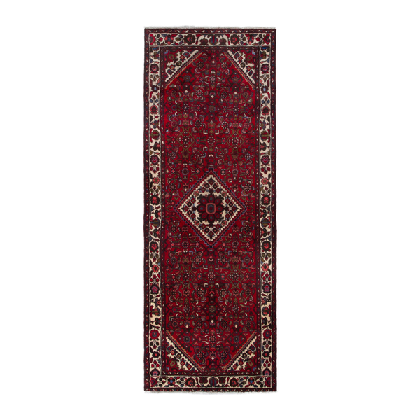 Persian Hamadan runner rug in deep red and off-white, 3'6" x 9'9"