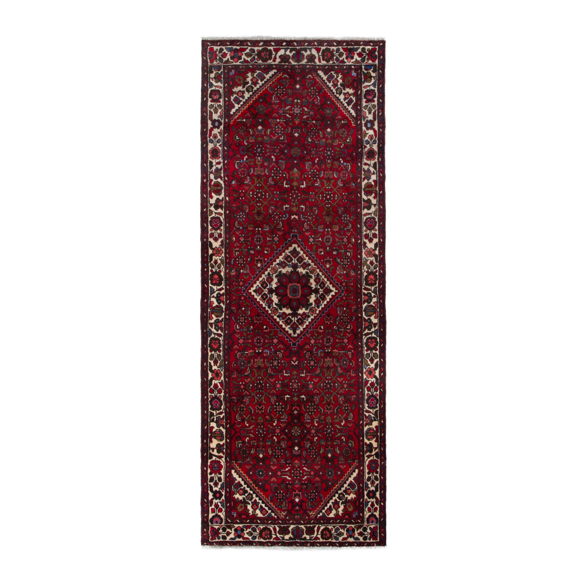Persian Hamedan runner rug in deep red and off-white, 3'6" x 9'9"