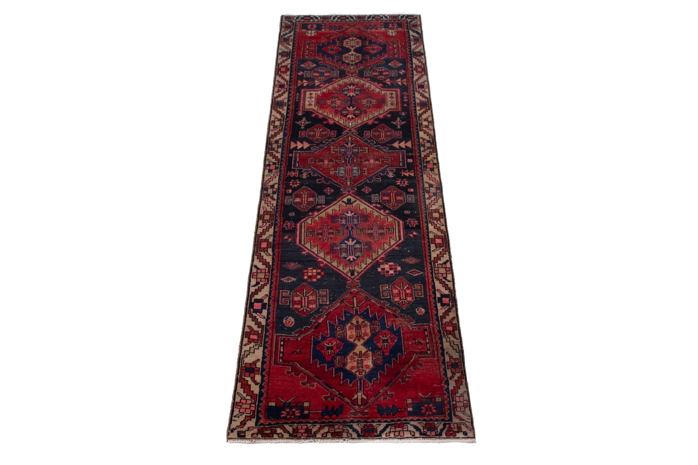 Persian Ardabil runner rug in deep red and navy, view 2 of 17