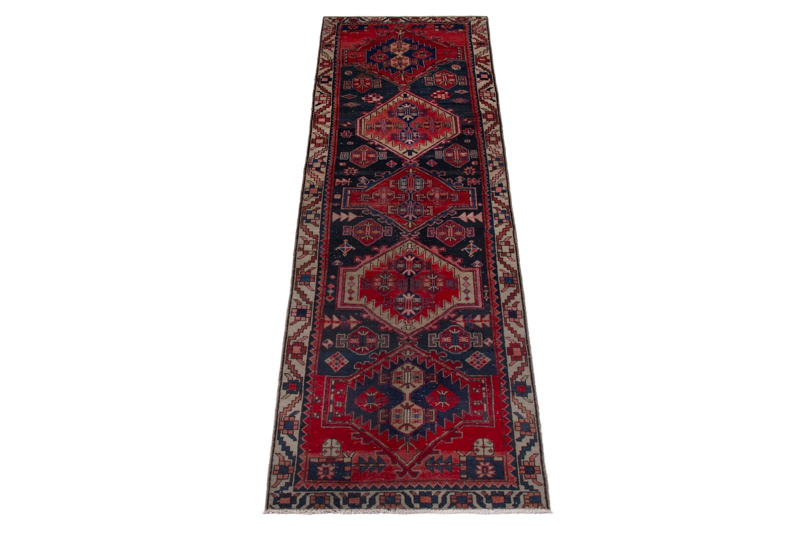 Persian Ardabil runner rug in deep red and navy, view 3 of 17