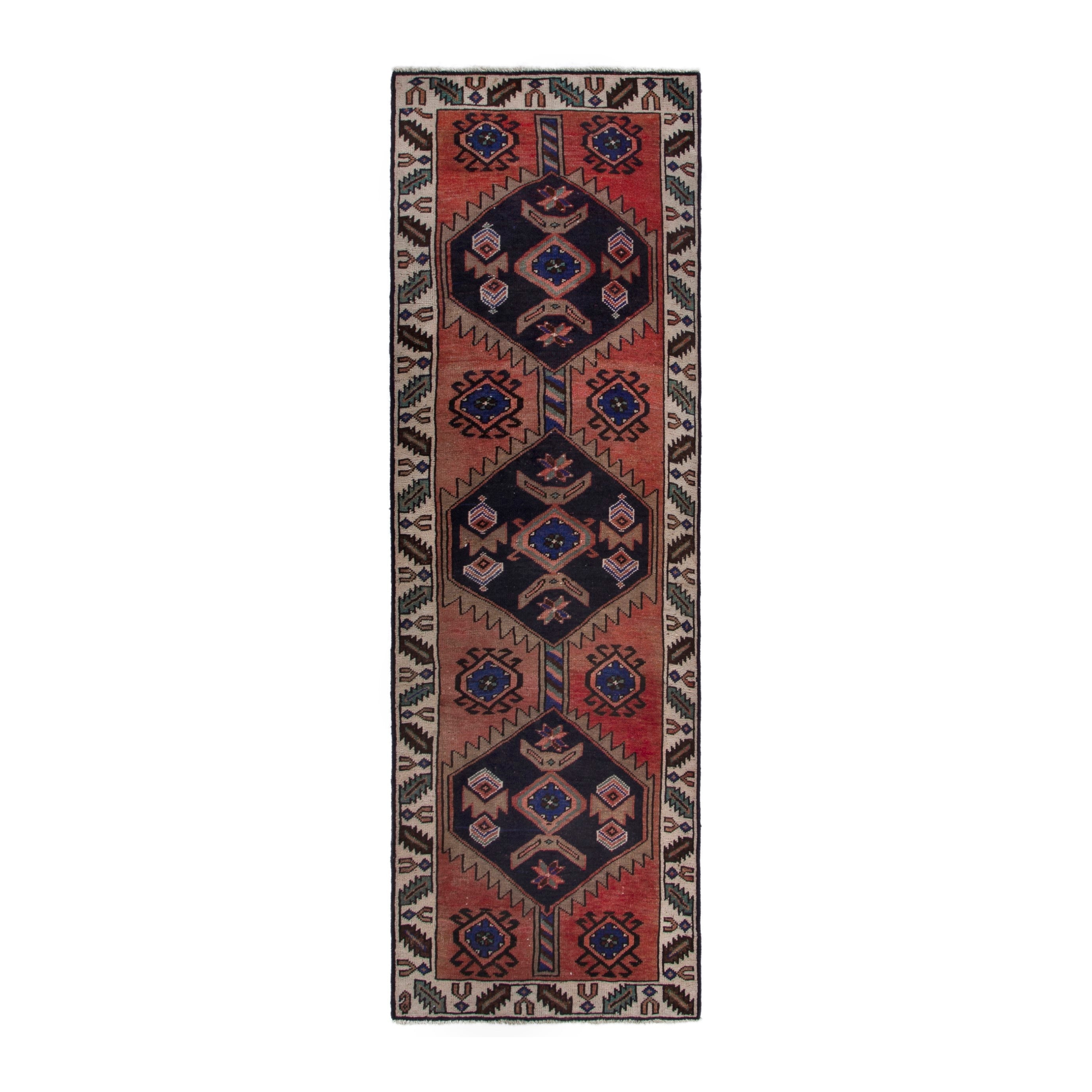 Persian Lori runner rug in rust and navy, 3' x 9'2"
