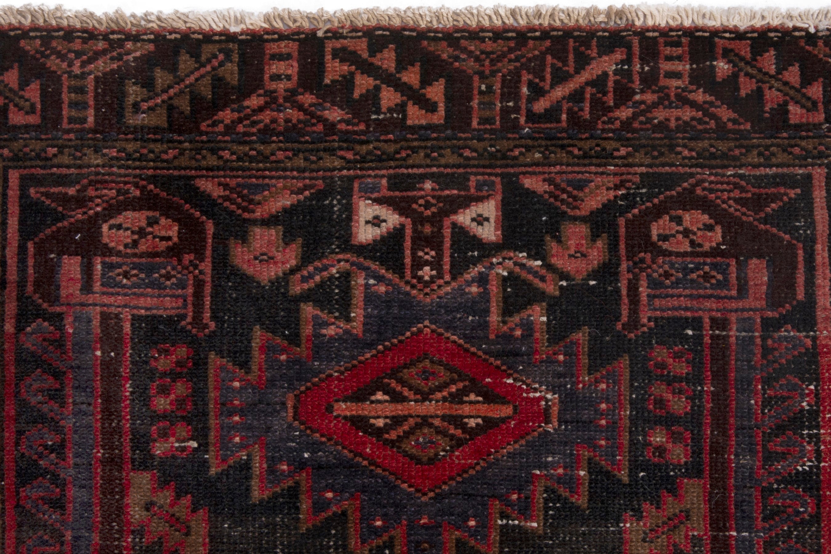 Persian Zanjan runner rug in deep indigo and deep red, view 14 of 18