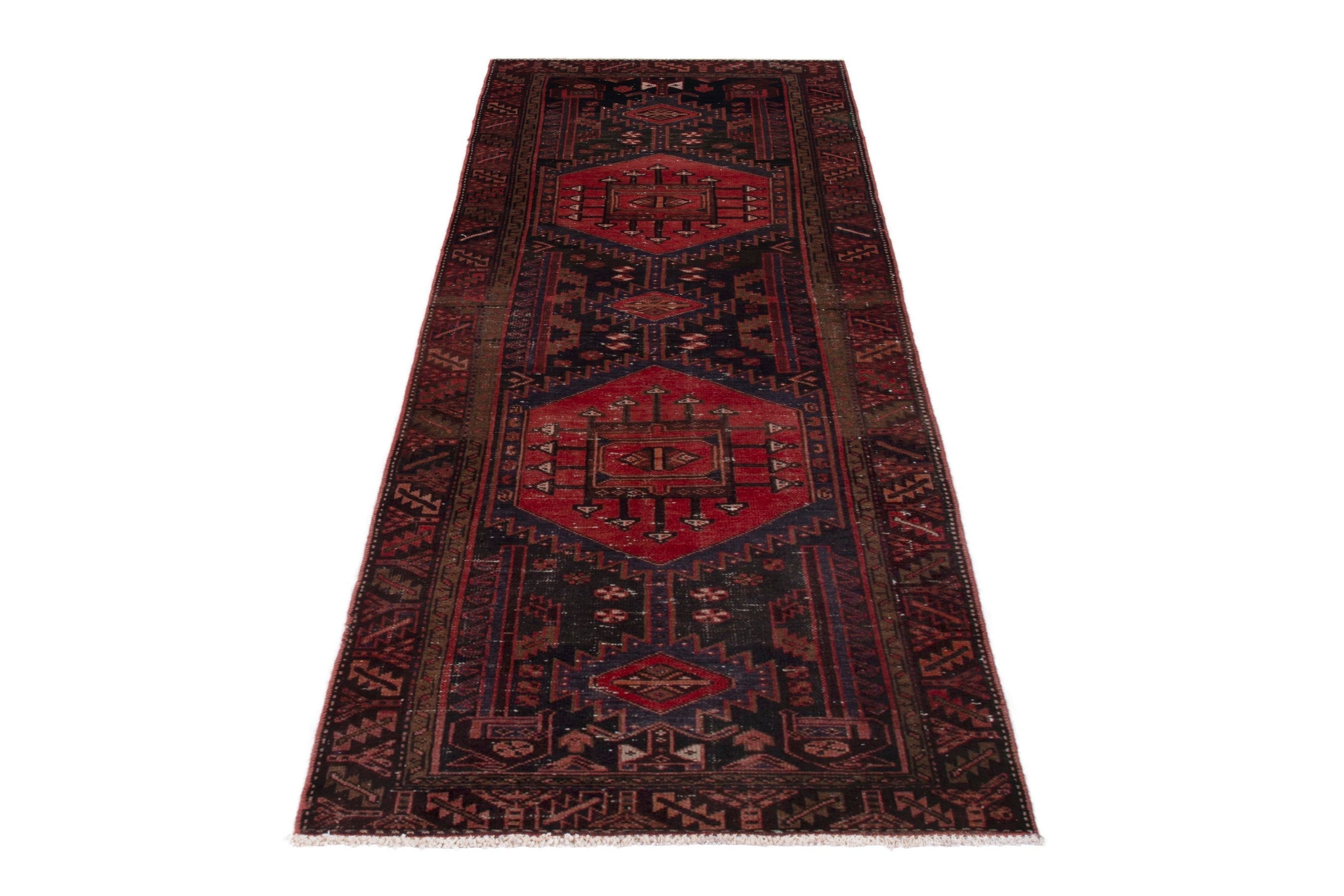 Persian Zanjan runner rug in deep indigo and deep red, view 2 of 18
