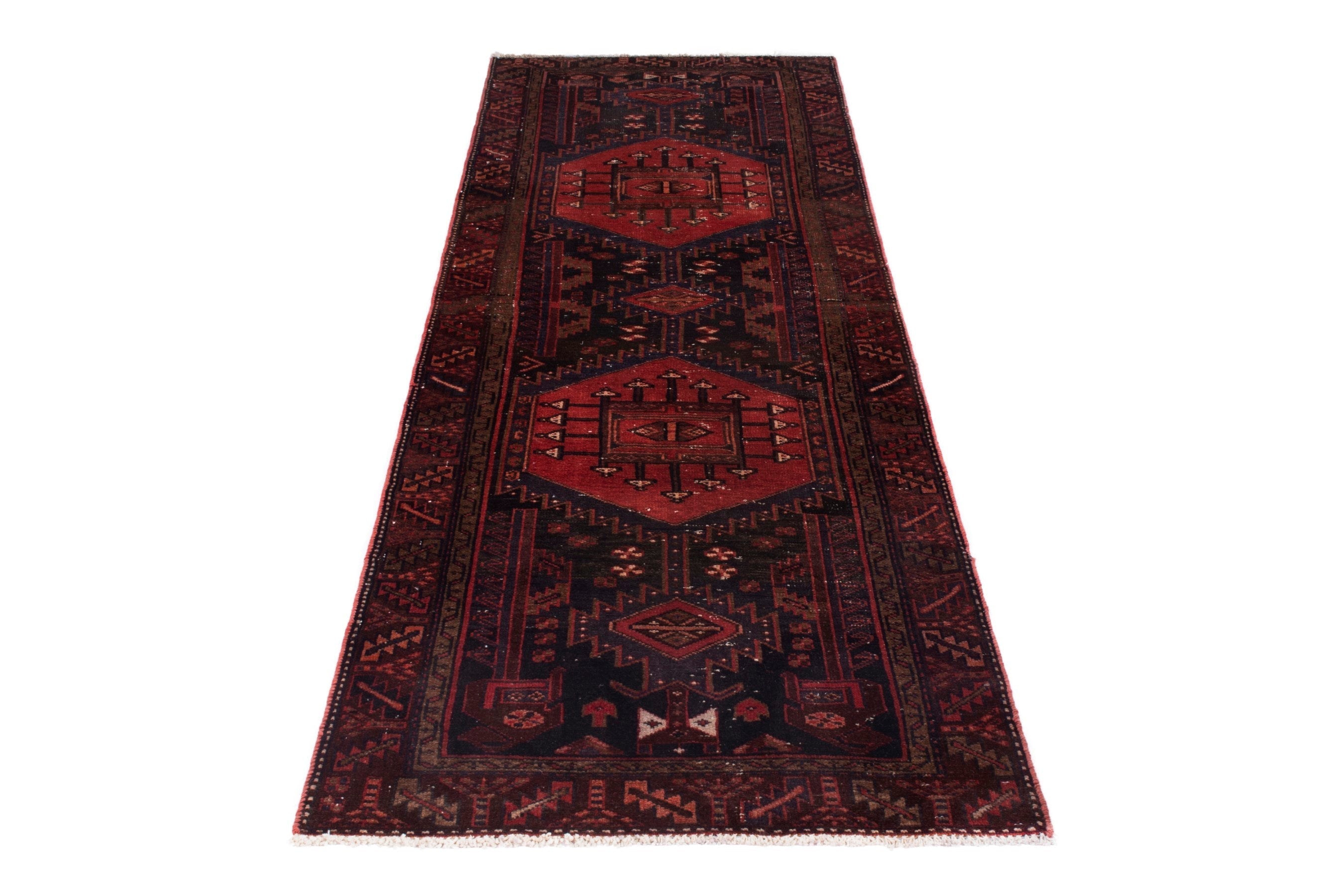 Persian Zanjan runner rug in deep indigo and deep red, view 3 of 18