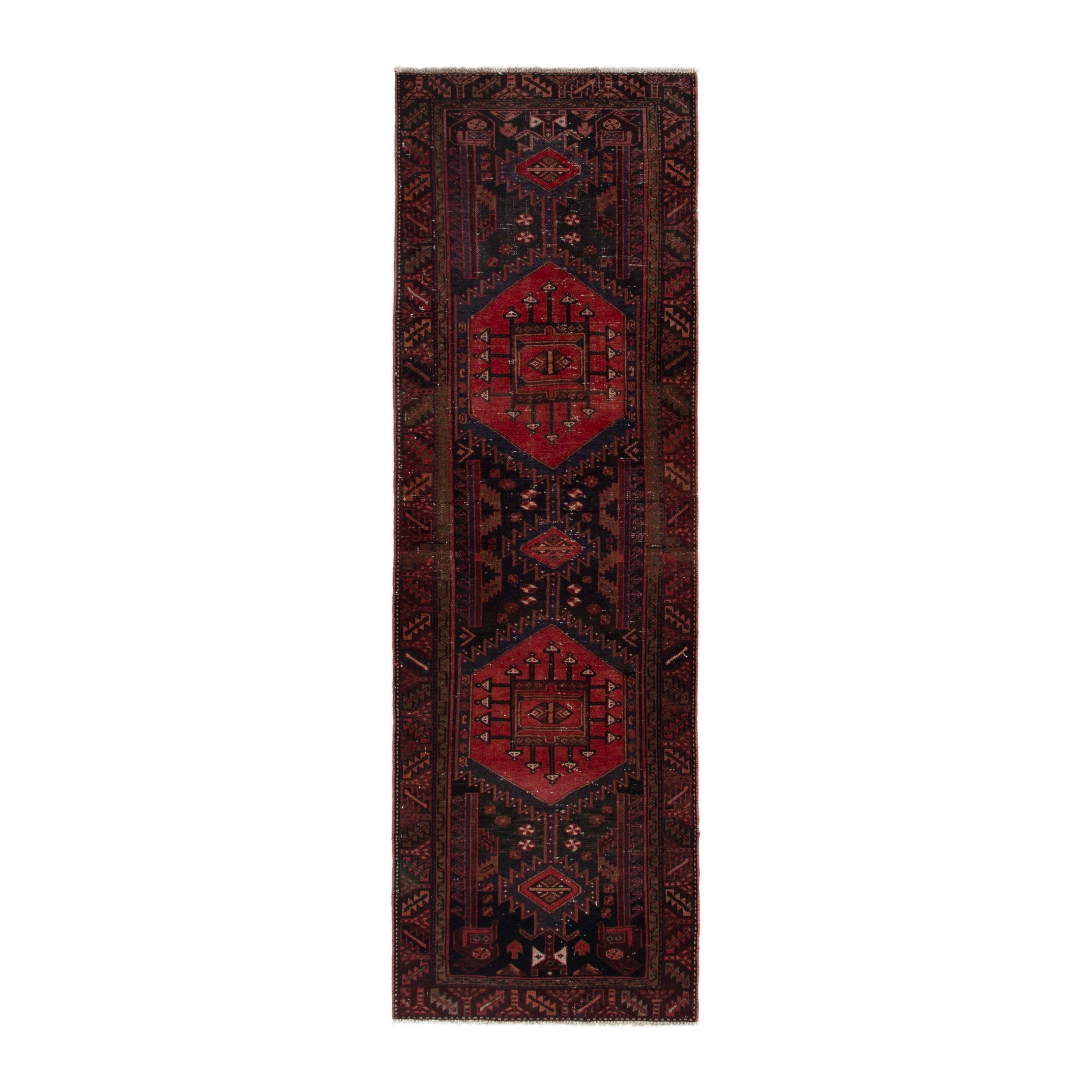 Persian Zanjan runner rug in deep indigo and deep red, 3'1" x 9'10"