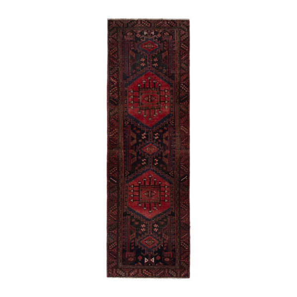 Persian Zanjan runner rug in deep indigo and deep red, 3'1" x 9'10"