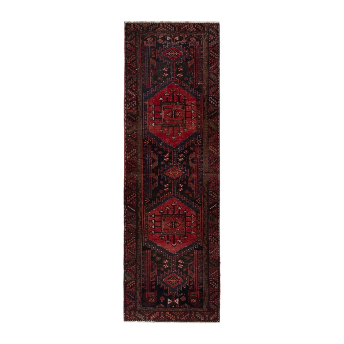 Persian Zanjan runner rug in deep indigo and deep red, 3'1" x 9'10"