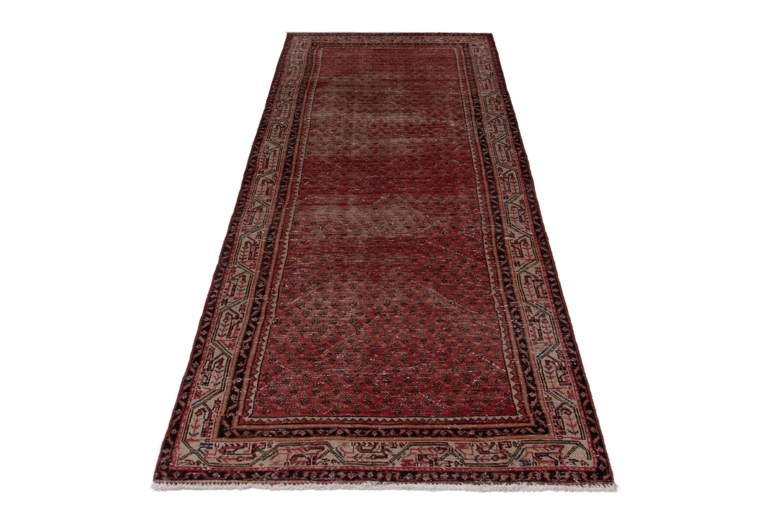 Persian Botteh runner rug in burgundy and faded red, view 2 of 17