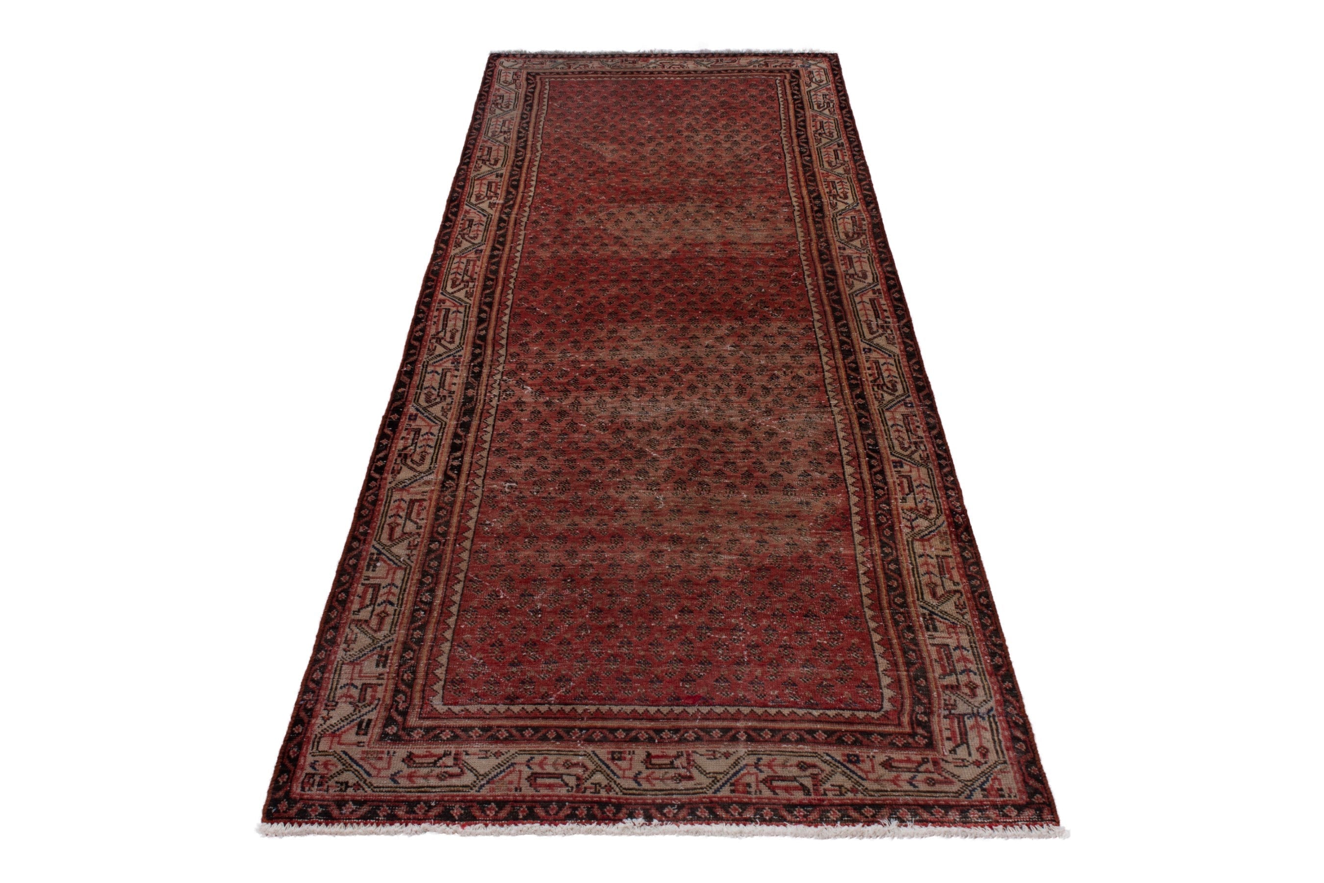 Persian Botteh runner rug in burgundy and faded red, view 3 of 17