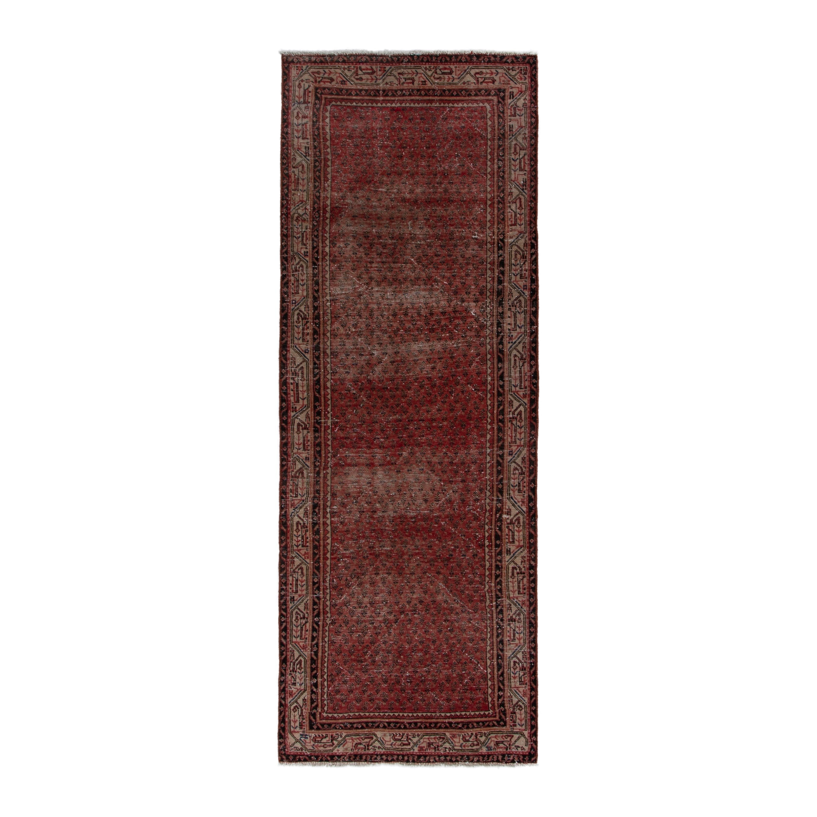 Persian Botteh runner rug in burgundy and faded red, 3'8" x 9'7"