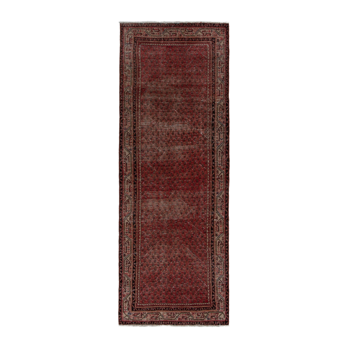 Persian Botteh runner rug in burgundy and faded red, 3'8" x 9'7"