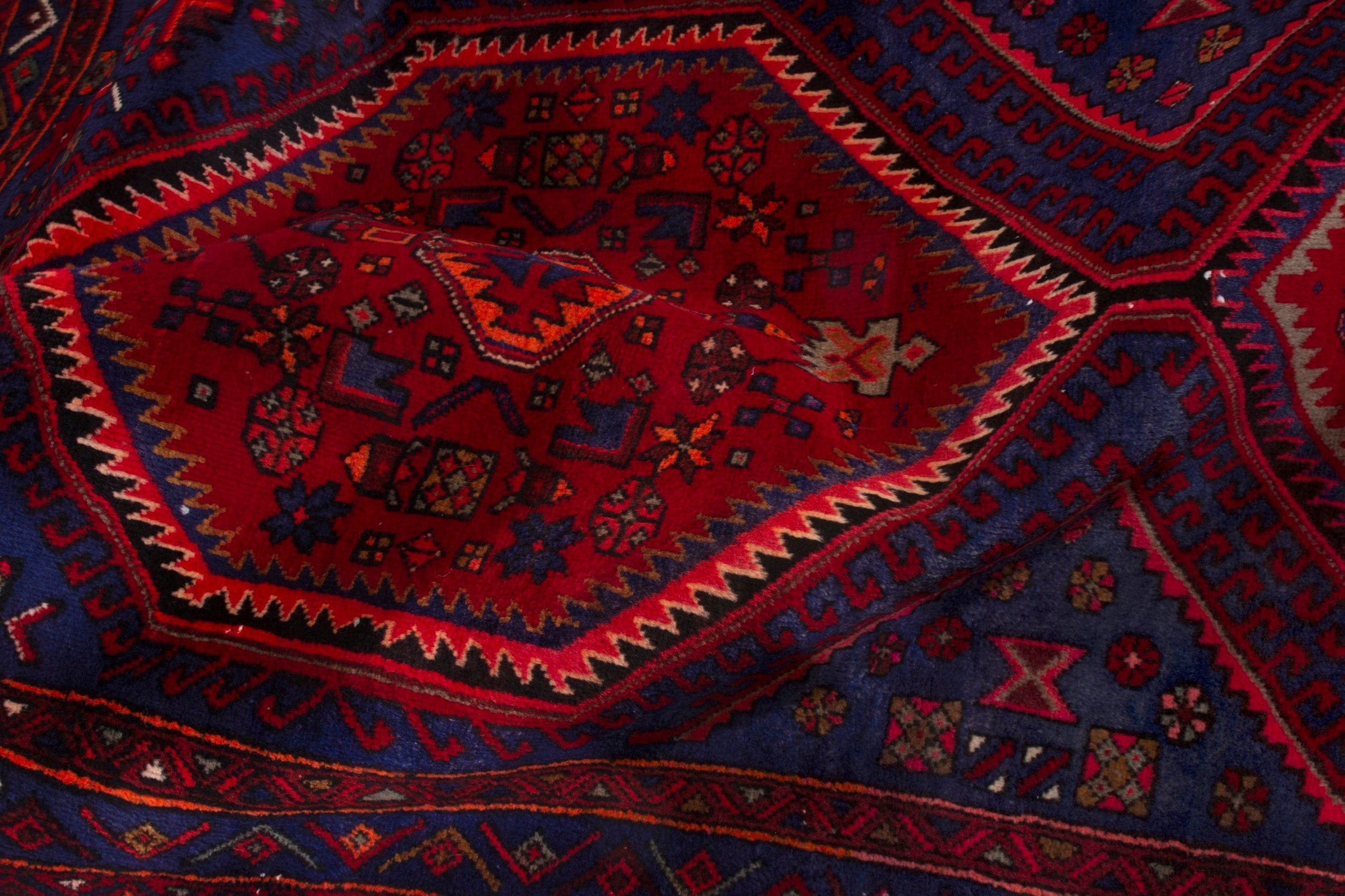 Persian Zanjan runner rug in deep red and dark blue, view 18 of 19