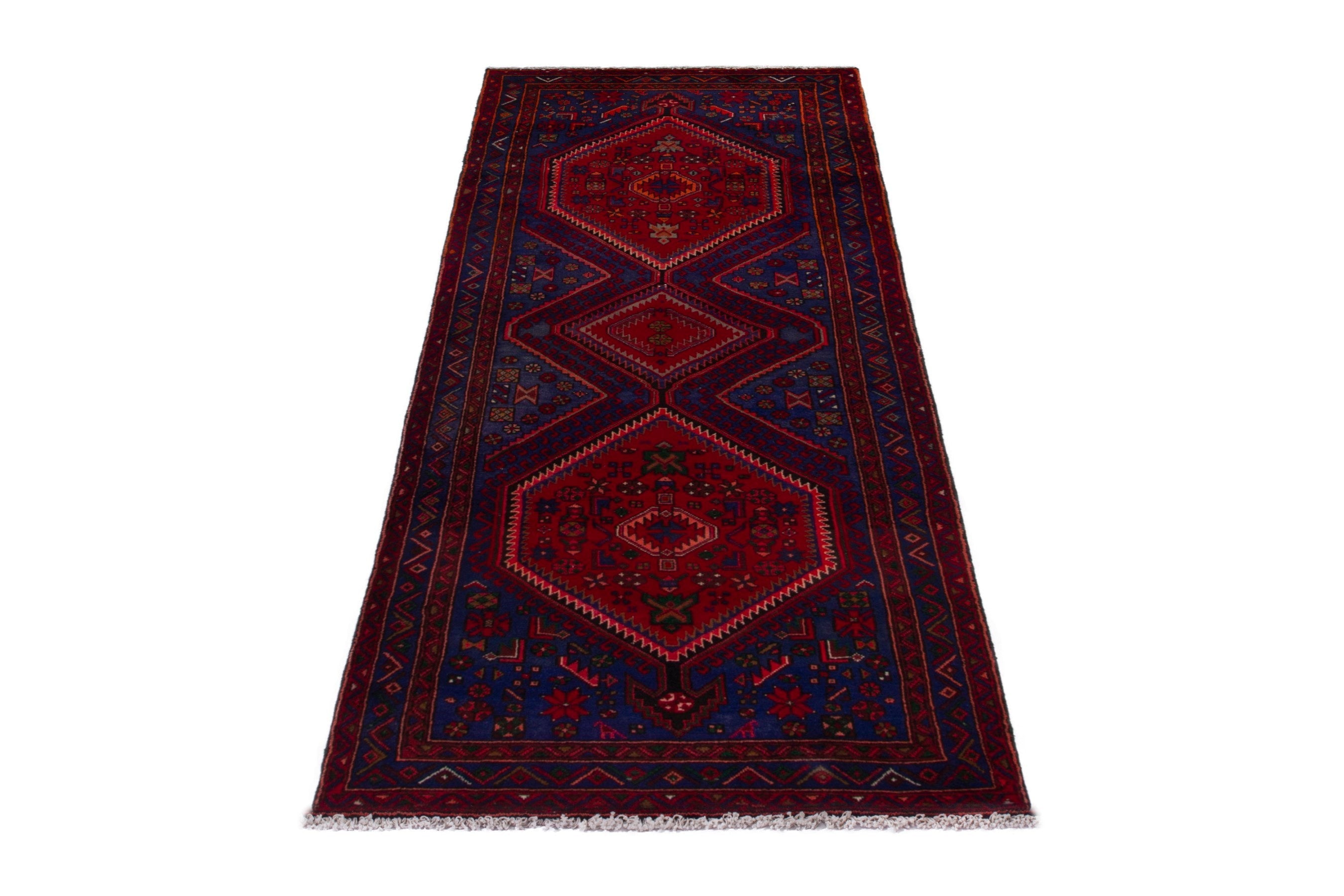 Persian Zanjan runner rug in deep red and dark blue, view 2 of 19
