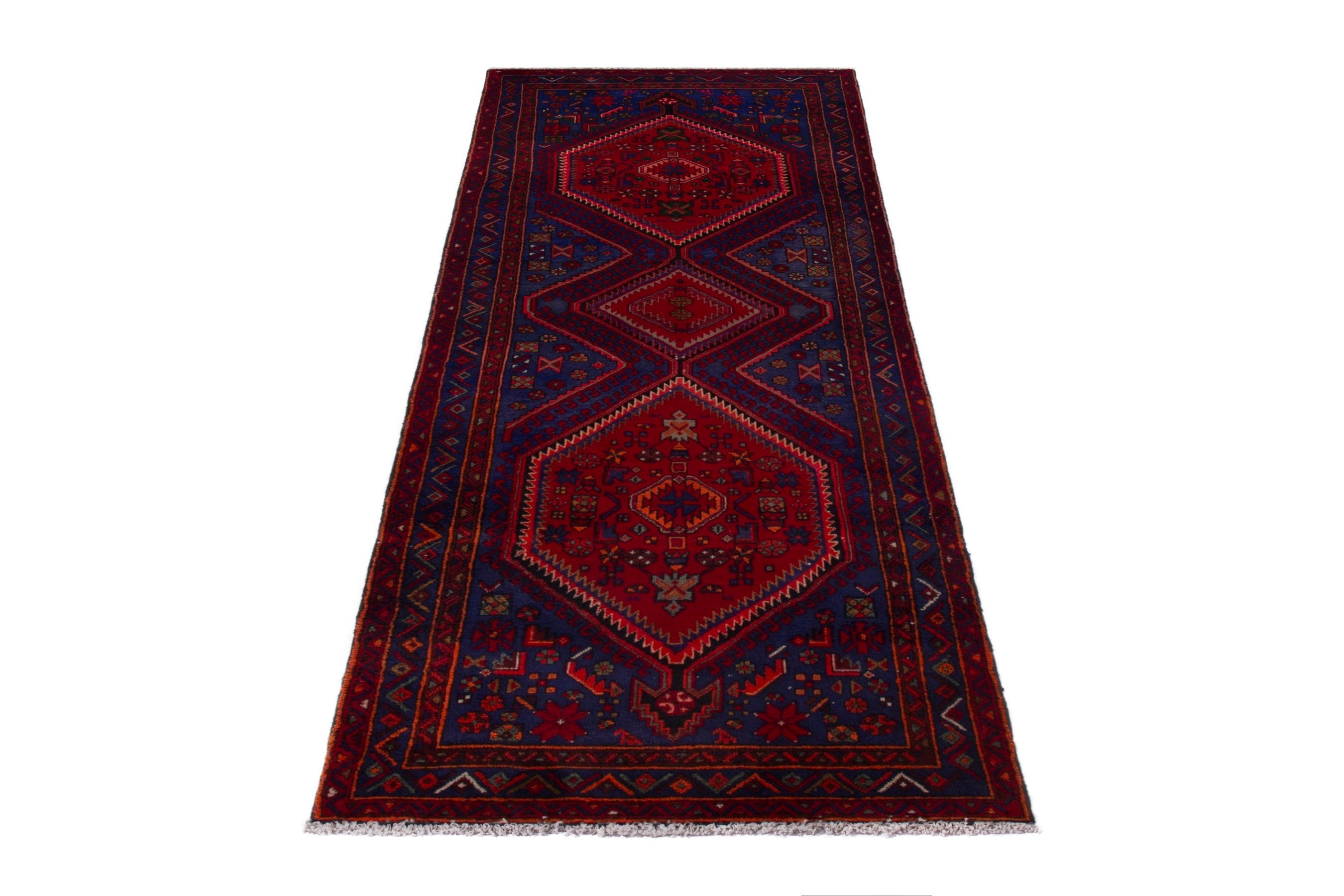 Persian Zanjan runner rug in deep red and dark blue, view 3 of 19
