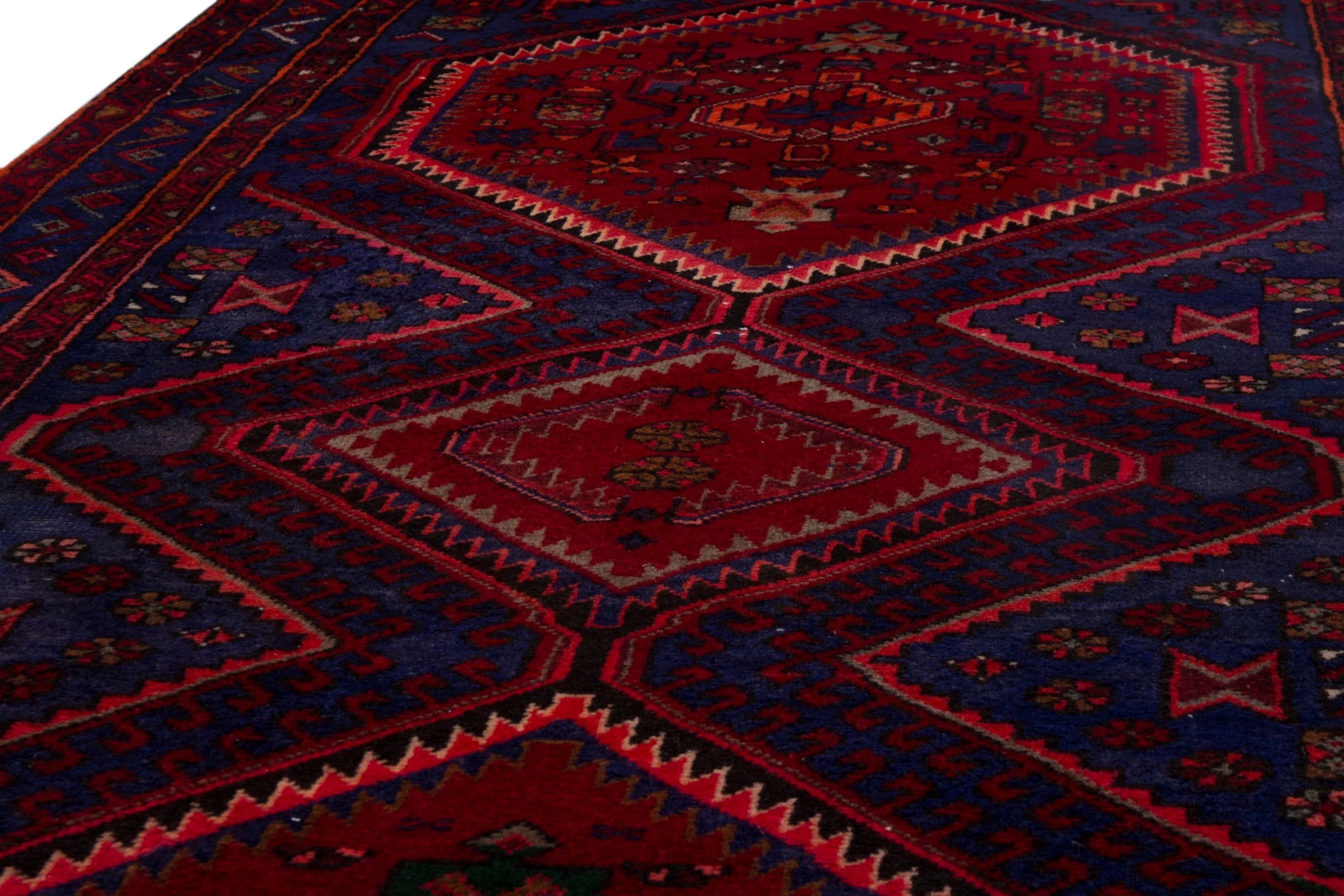 Persian Zanjan runner rug in deep red and dark blue, view 7 of 19