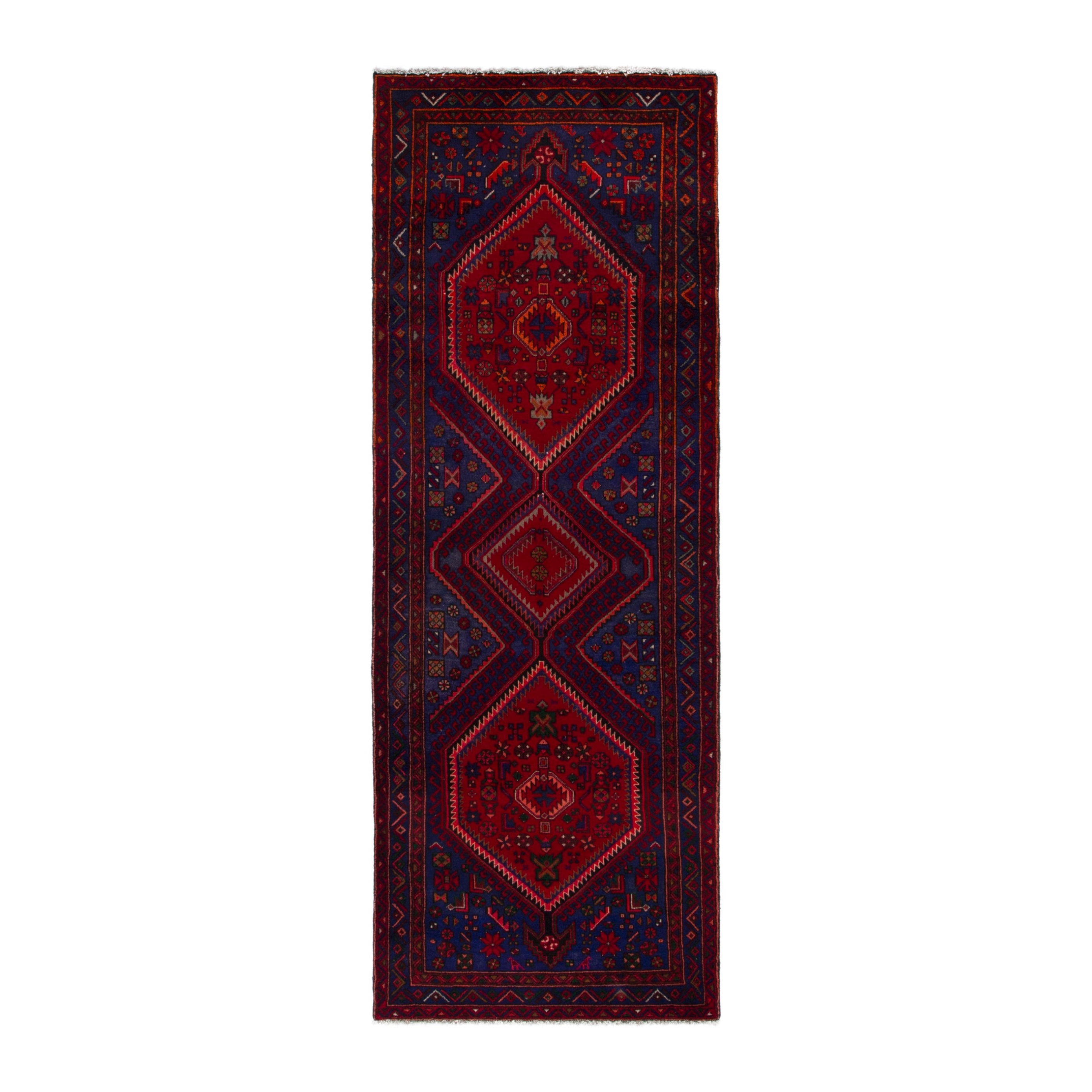Persian Zanjan runner rug in deep red and dark blue, 3'7" x 9'11"