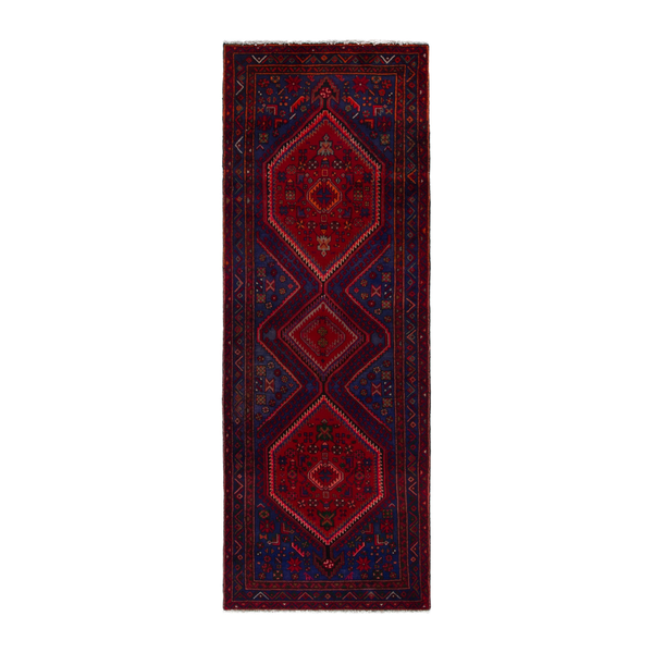 Persian Zanjan runner rug in deep red and dark blue, 3'7" x 9'11"
