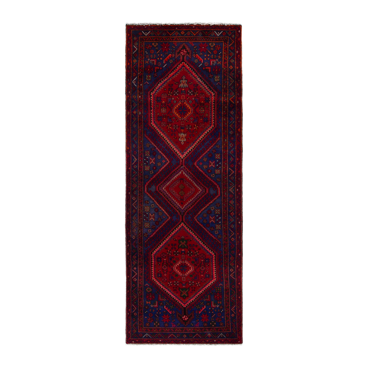 Persian Zanjan runner rug in deep red and dark blue, 3'7" x 9'11"
