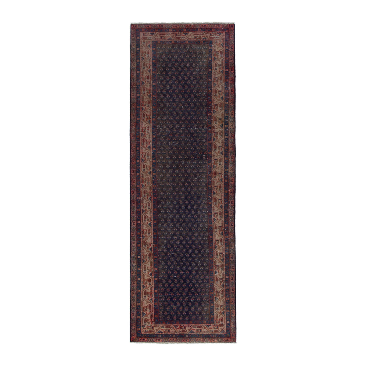 Persian Botteh runner rug in charcoal and rust, 3'3" x 10'