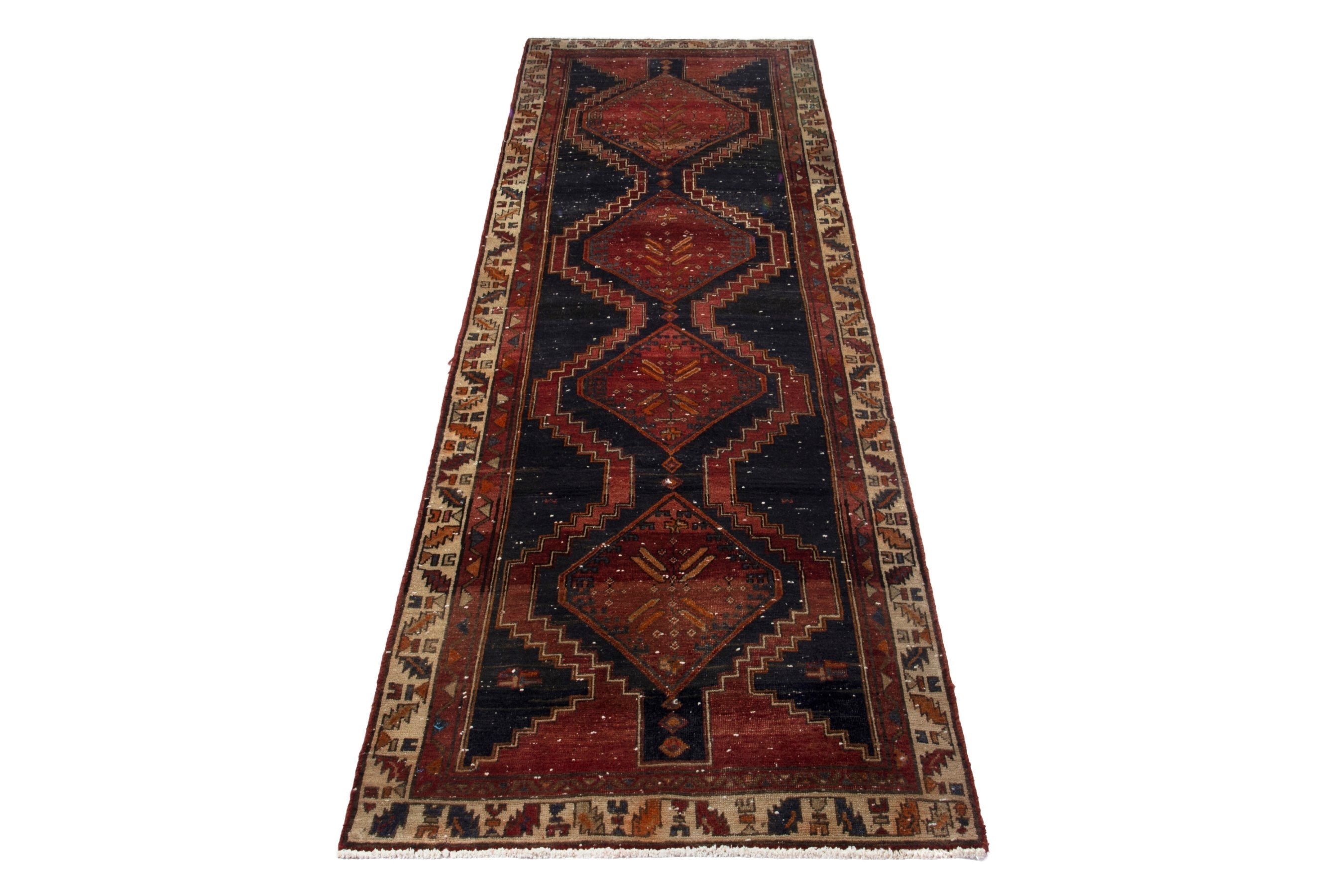 Persian Azerbaijan runner rug in navy and deep red, view 2 of 18