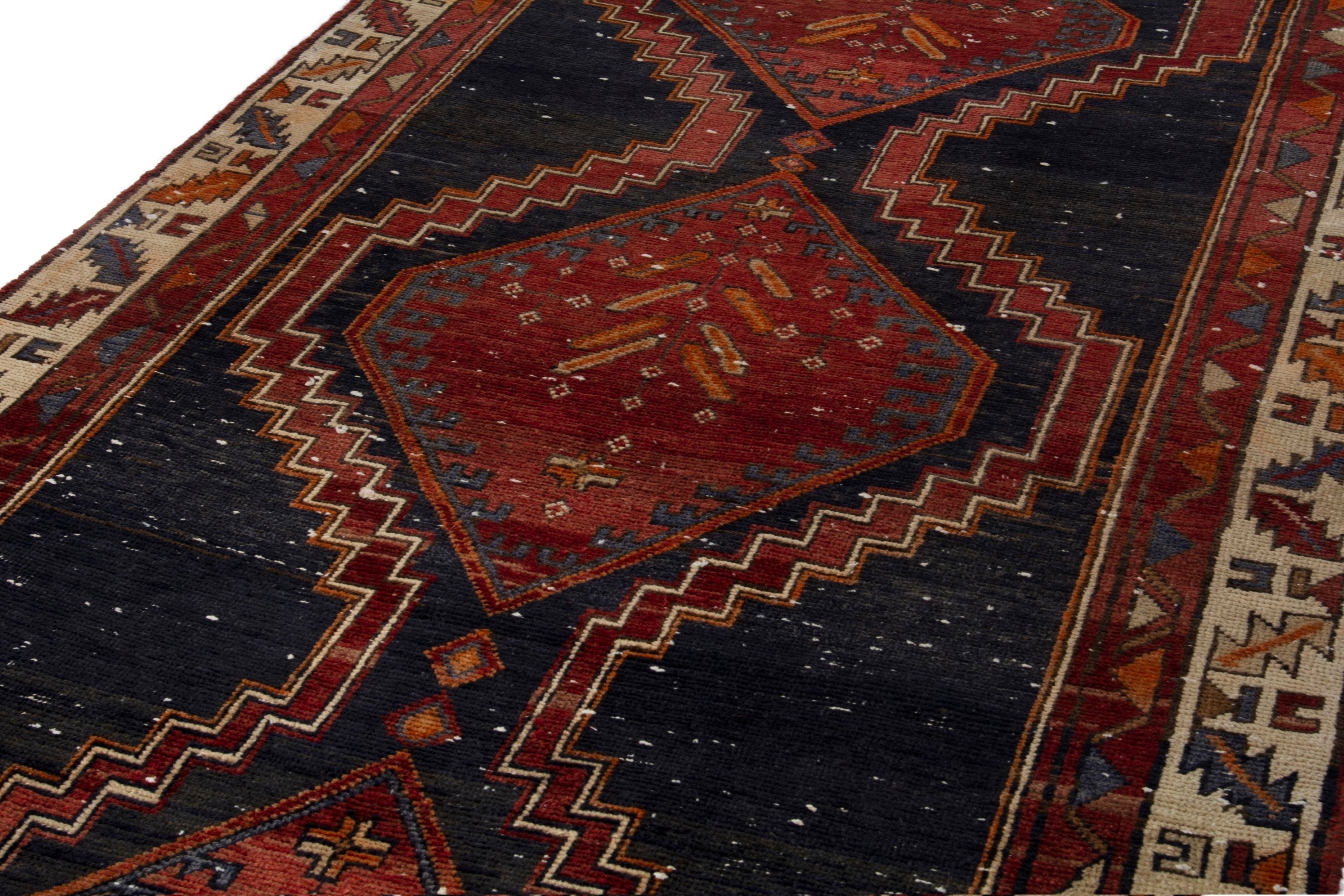 Persian Azerbaijan runner rug in navy and deep red, view 7 of 18