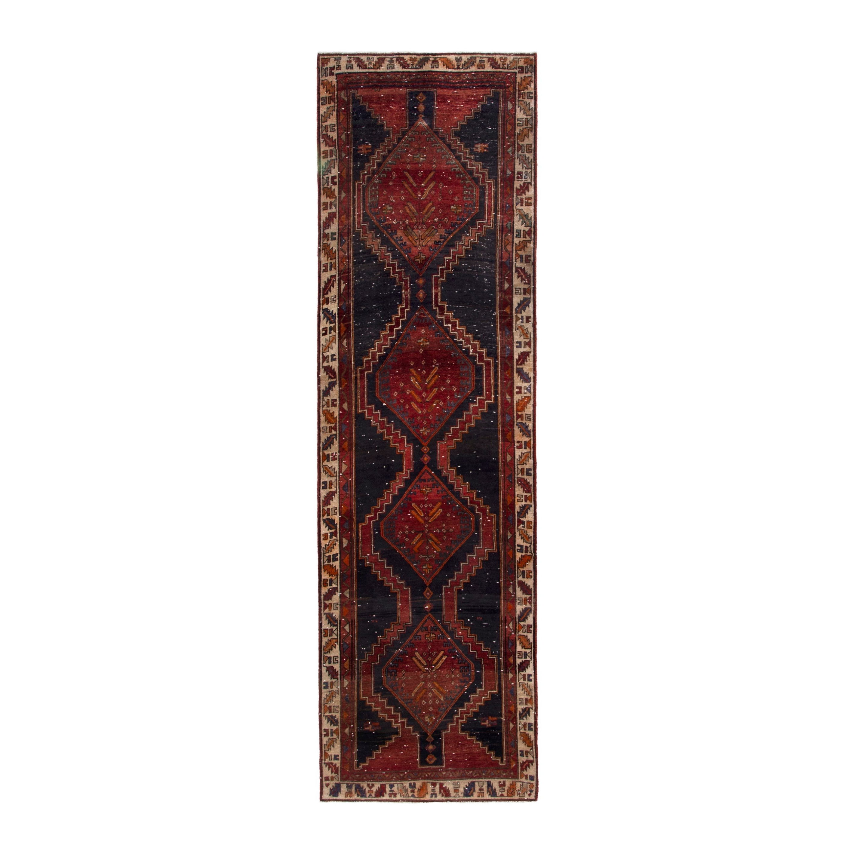 Persian Azerbaijan runner rug in navy and deep red, 3'7" x 12'4"