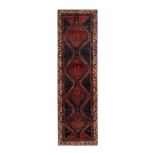 Persian Azerbaijan runner rug in navy and deep red, 3'7" x 12'4"