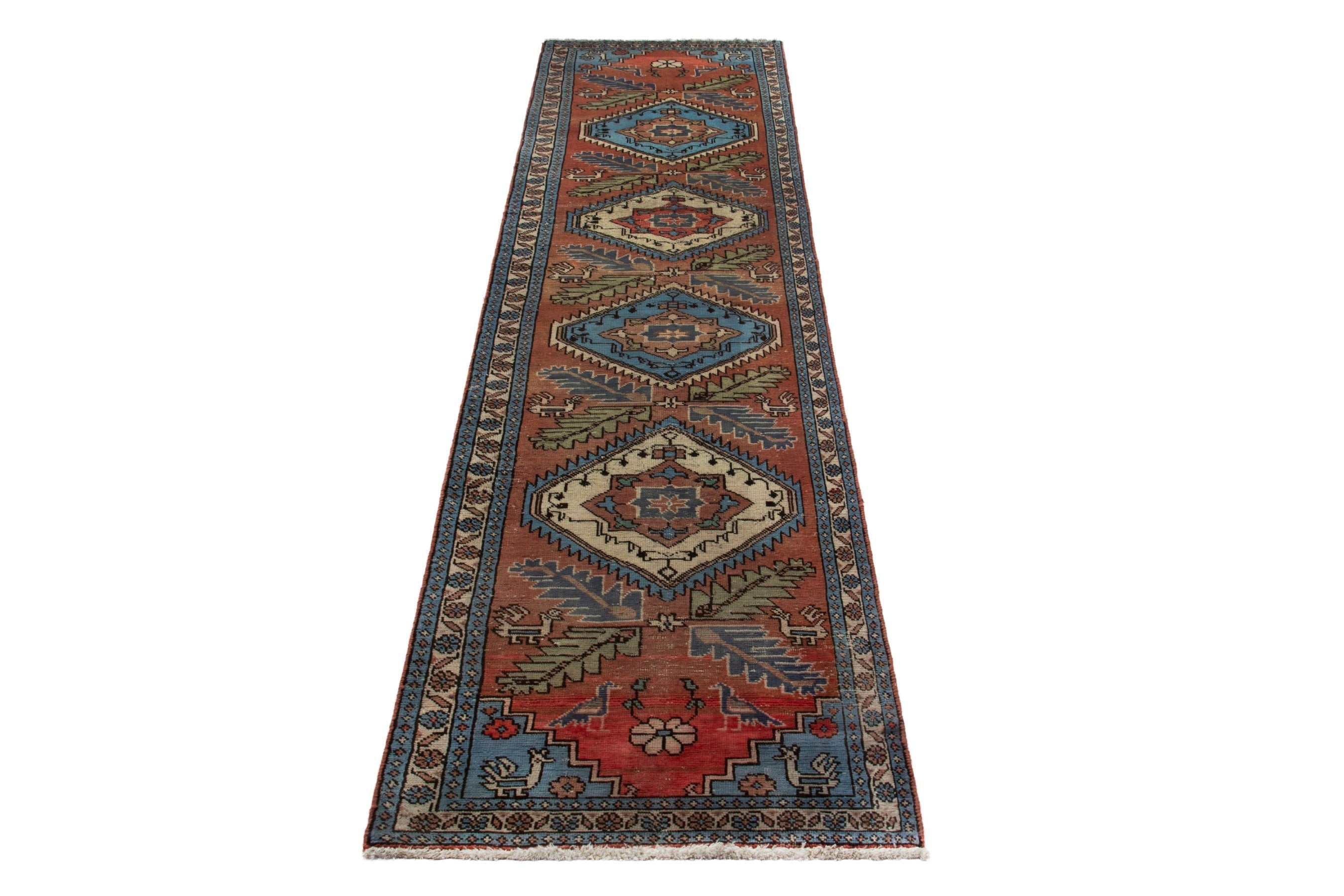 Persian Ardabil runner rug in rust and denim, view 2 of 18