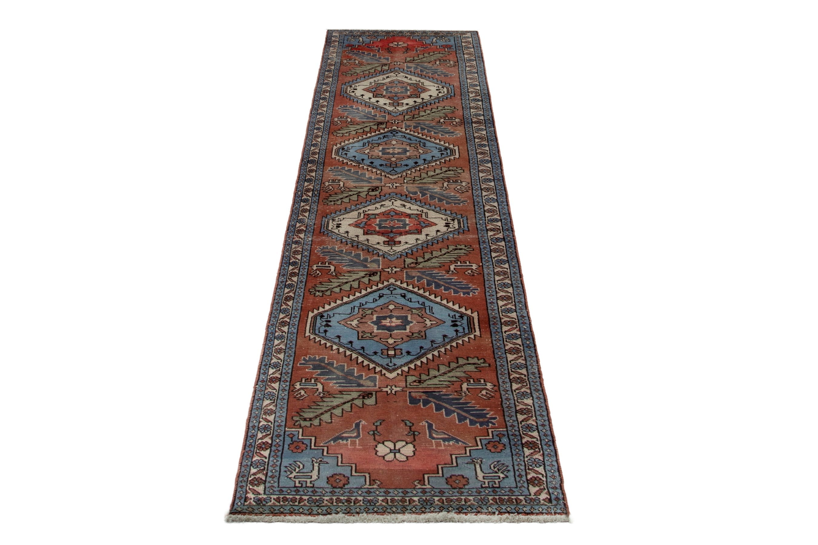 Persian Ardabil runner rug in rust and denim, view 3 of 18