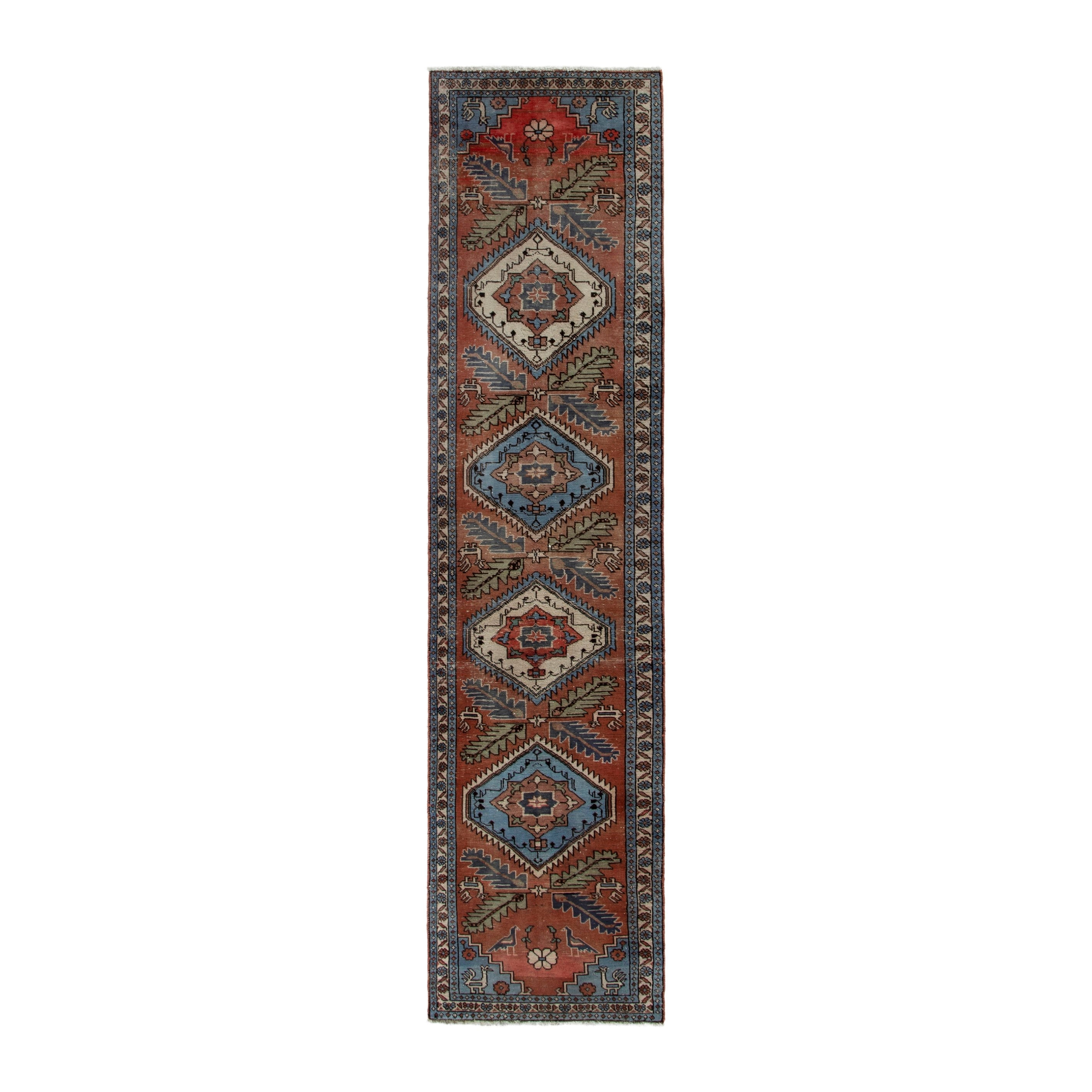 Persian Ardabil runner rug in rust and denim, 2'7" x 10'8"