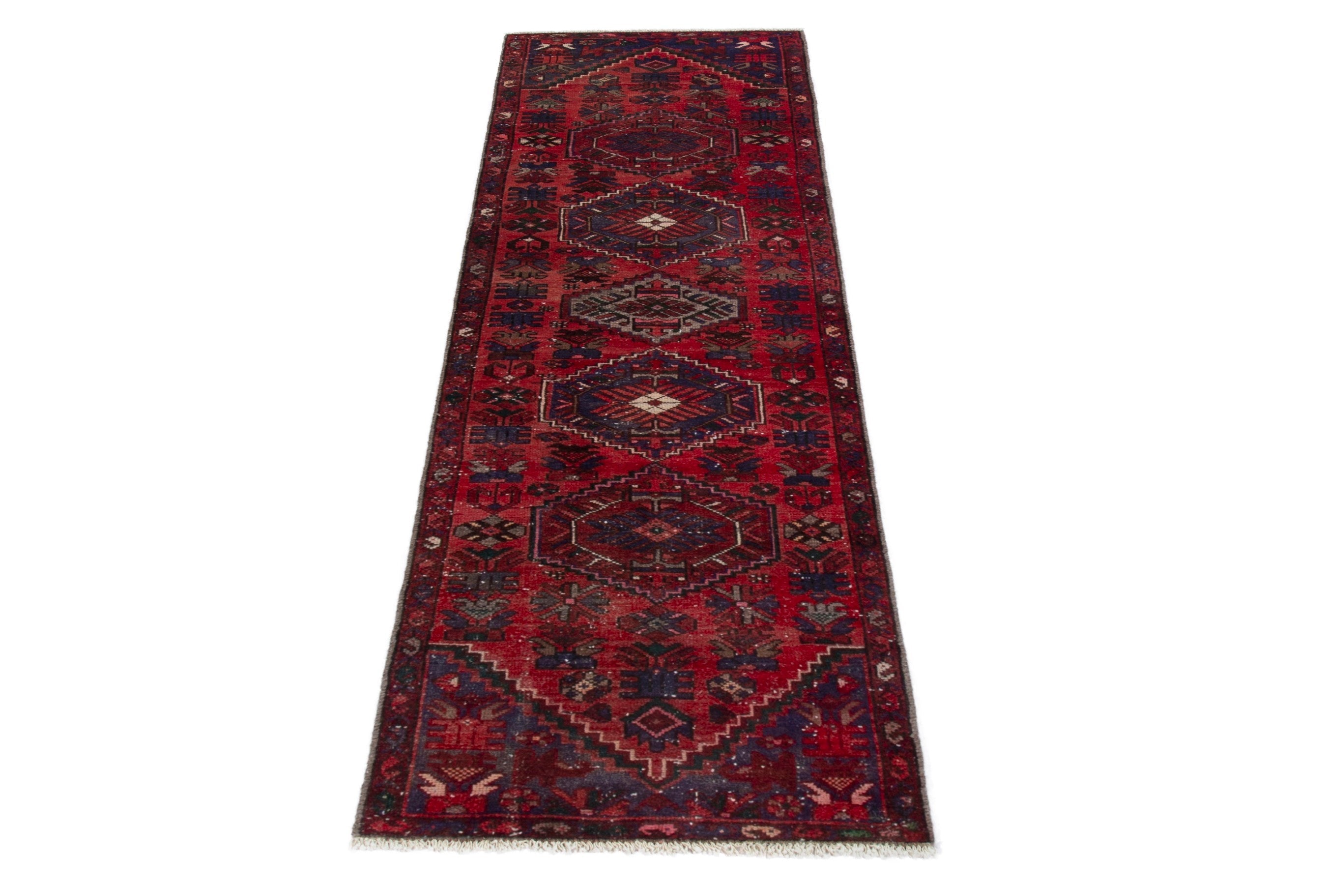 Persian Zanjan runner rug in deep red and navy, view 2 of 18