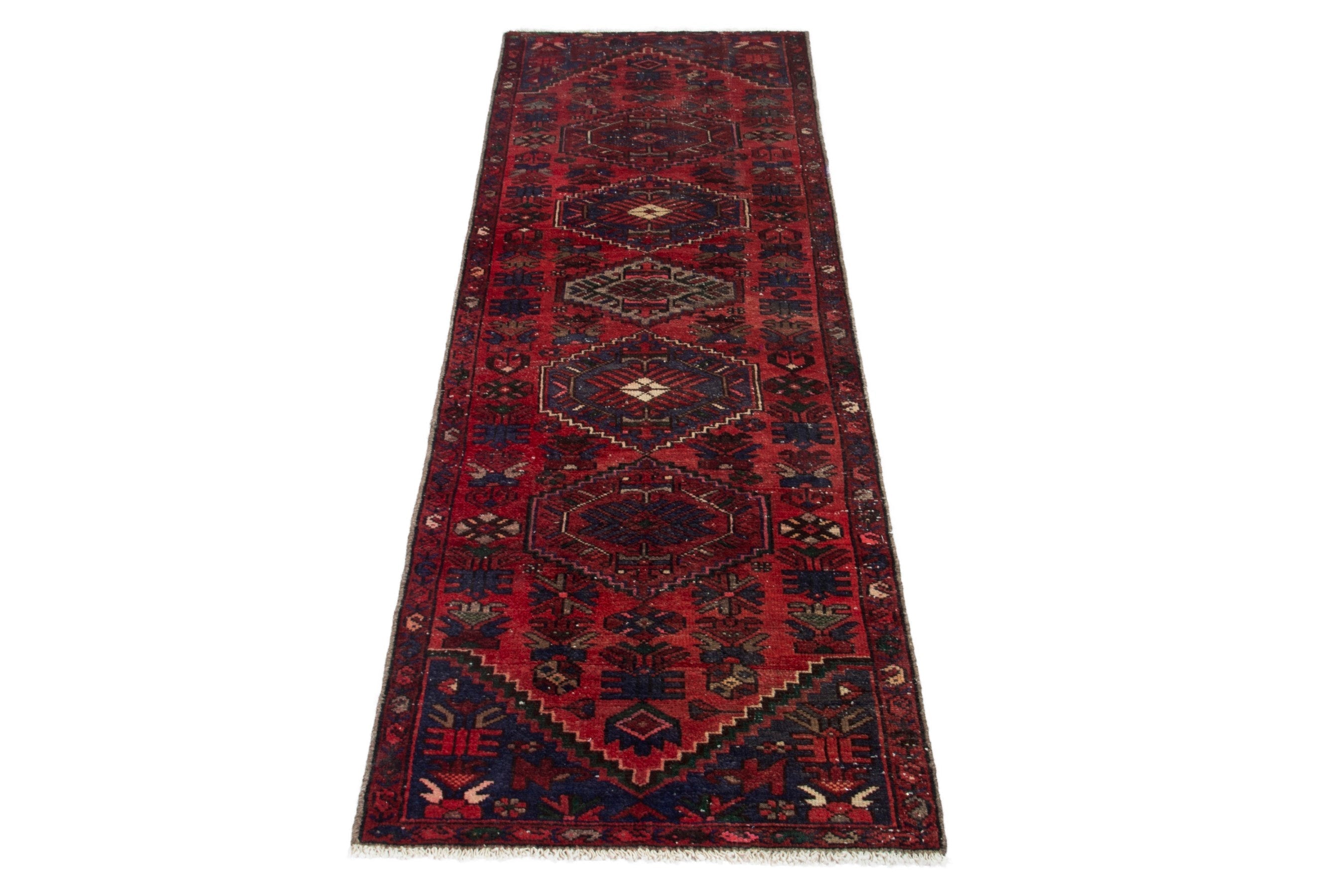 Persian Zanjan runner rug in deep red and navy, view 3 of 18