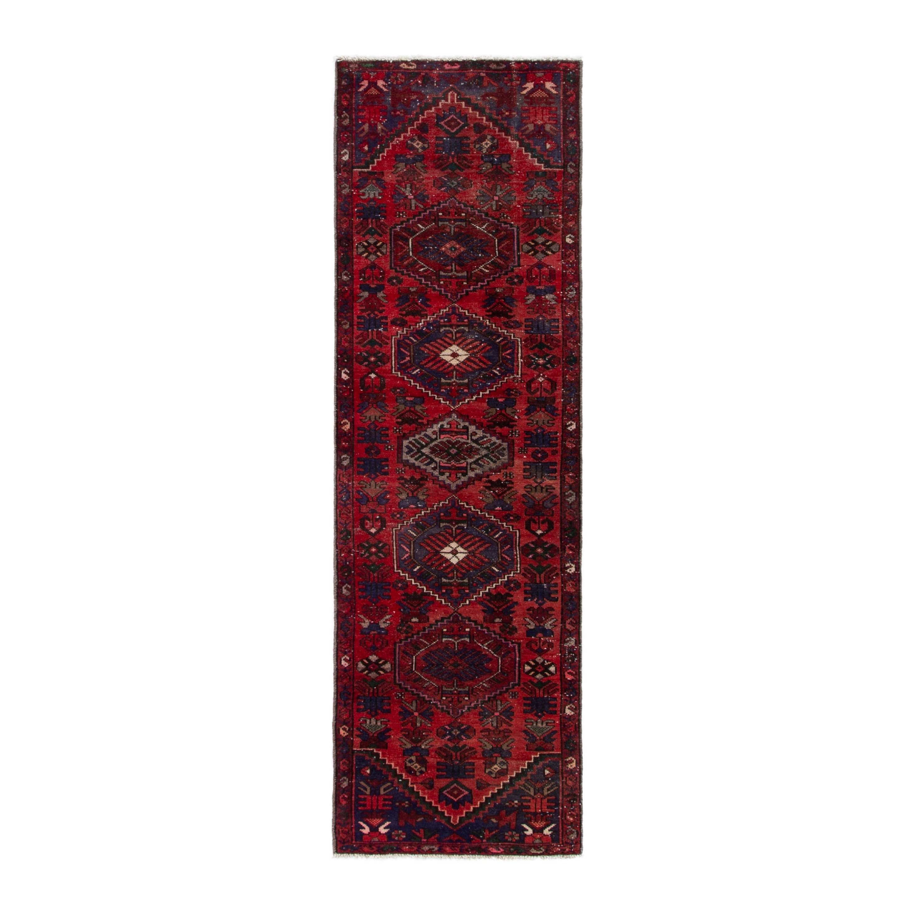 Persian Zanjan runner rug in deep red and navy, 2'7" x 9'