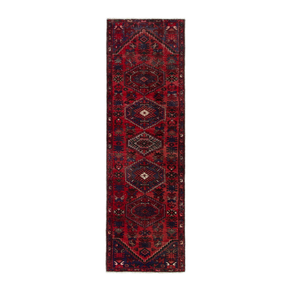 Persian Zanjan runner rug in deep red and navy, 2'7" x 9'