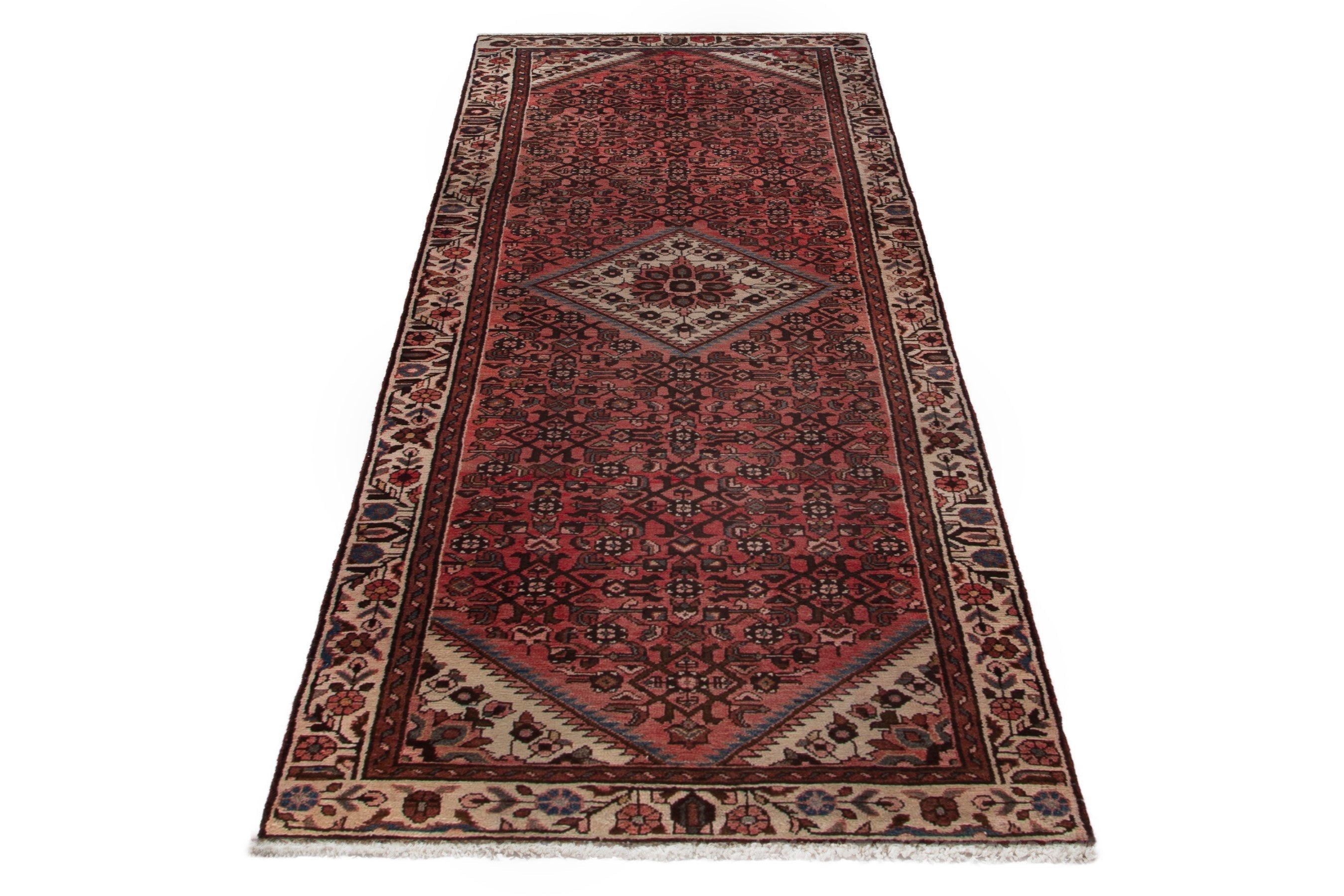 Persian Hamedan runner rug in deep red and cream, view 3 of 18