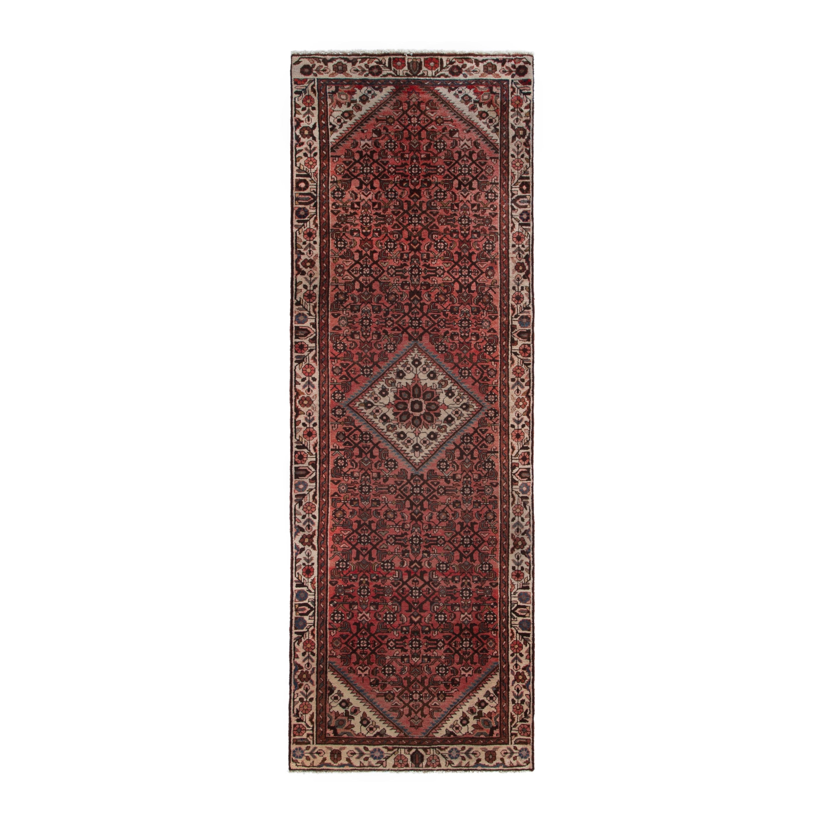 Persian Hamedan runner rug in deep red and cream, 3'6" x 10'3"