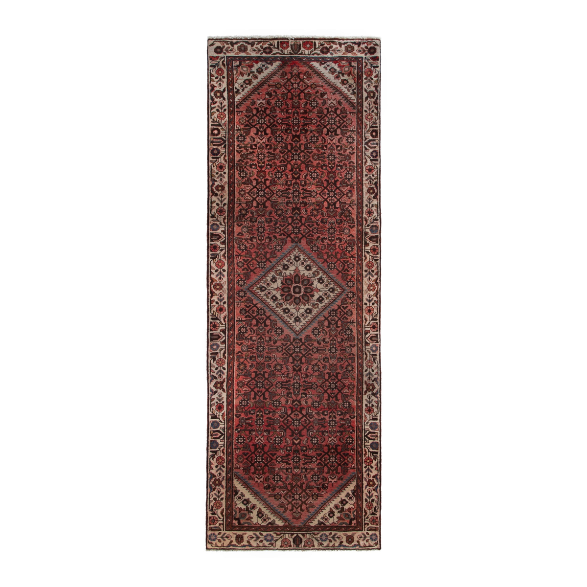 Persian Hamedan runner rug in deep red and cream, 3'6" x 10'3"