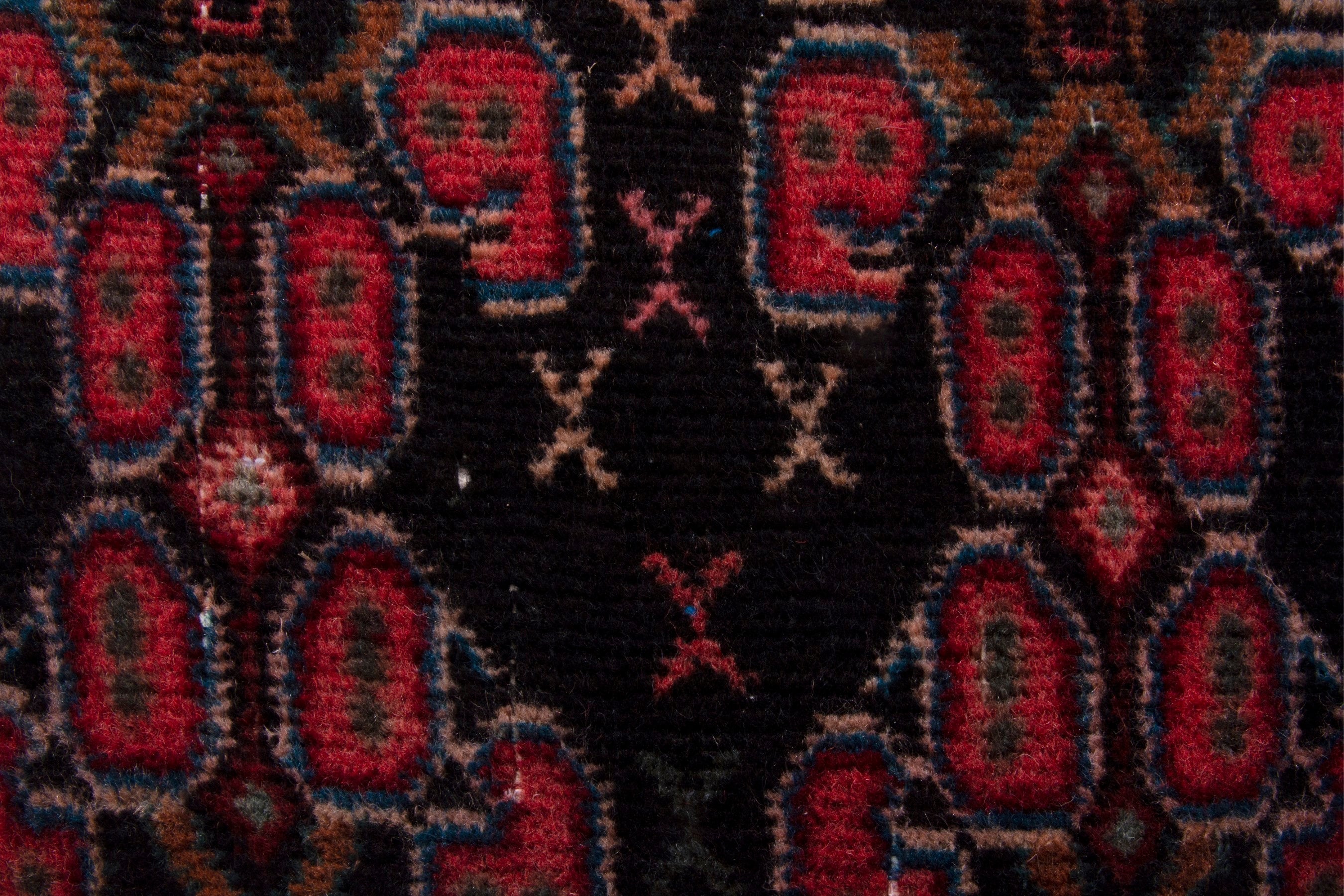 Persian Sanandaj runner rug in navy and burgundy, view 10 of 16