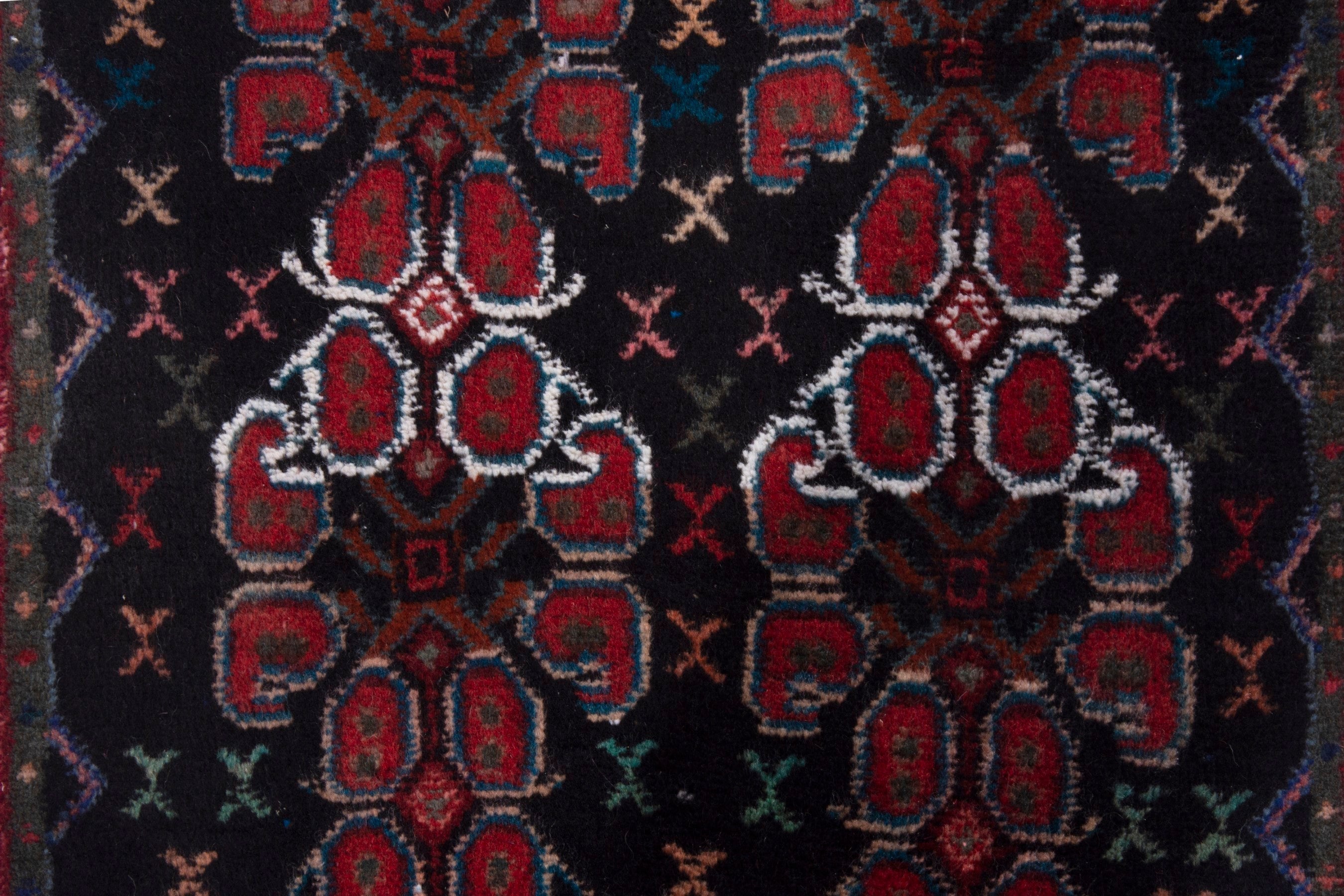 Persian Sanandaj runner rug in navy and burgundy, view 11 of 16