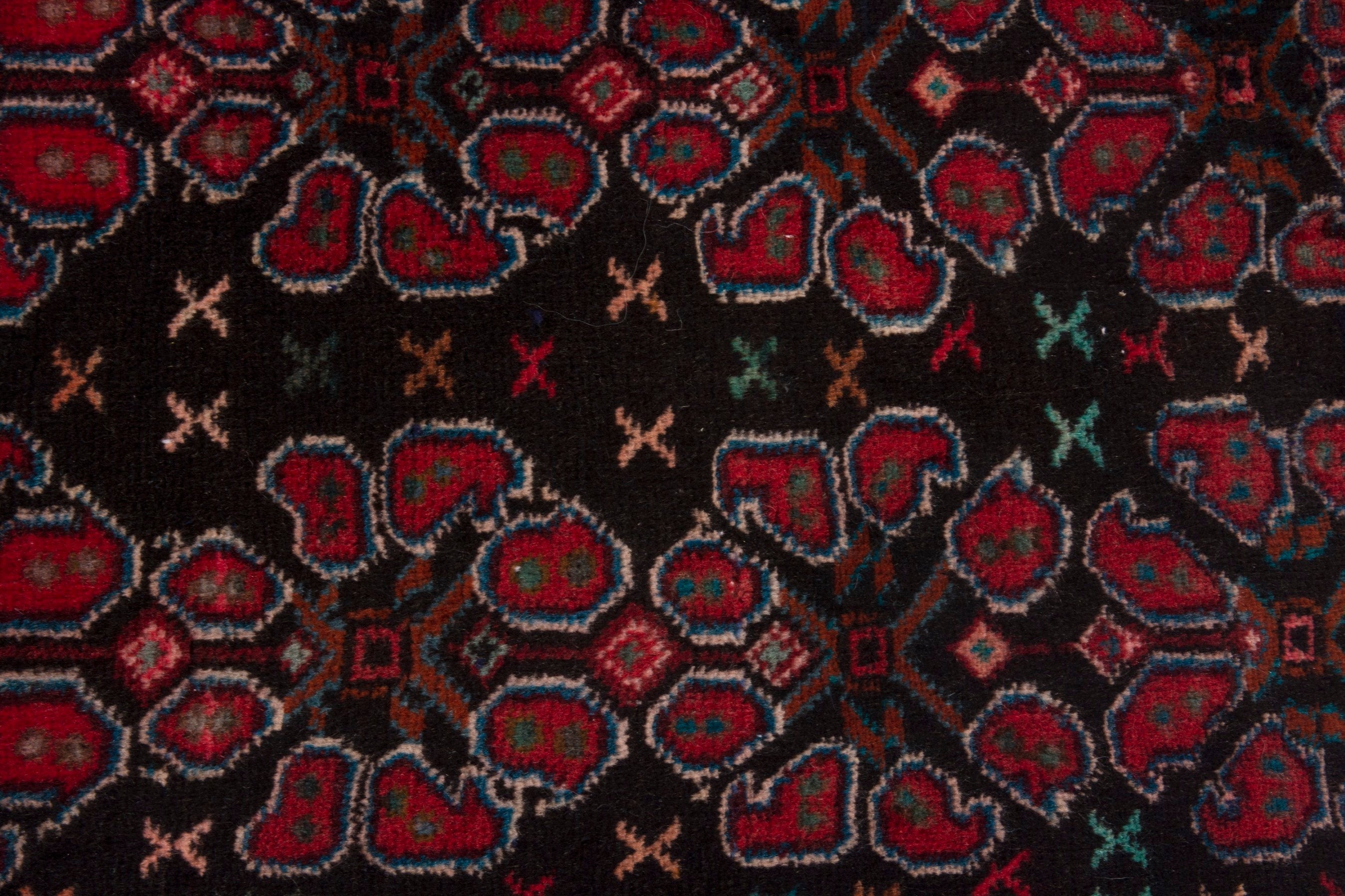Persian Sanandaj runner rug in navy and burgundy, view 12 of 16