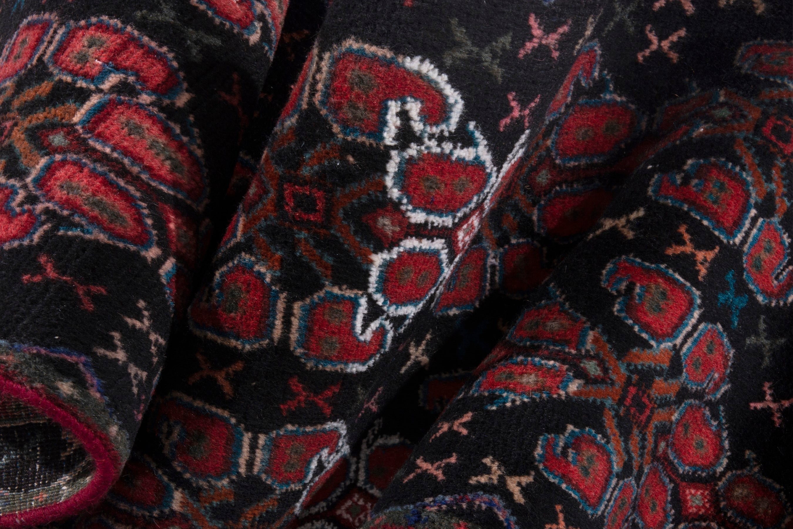 Persian Sanandaj runner rug in navy and burgundy, view 14 of 16
