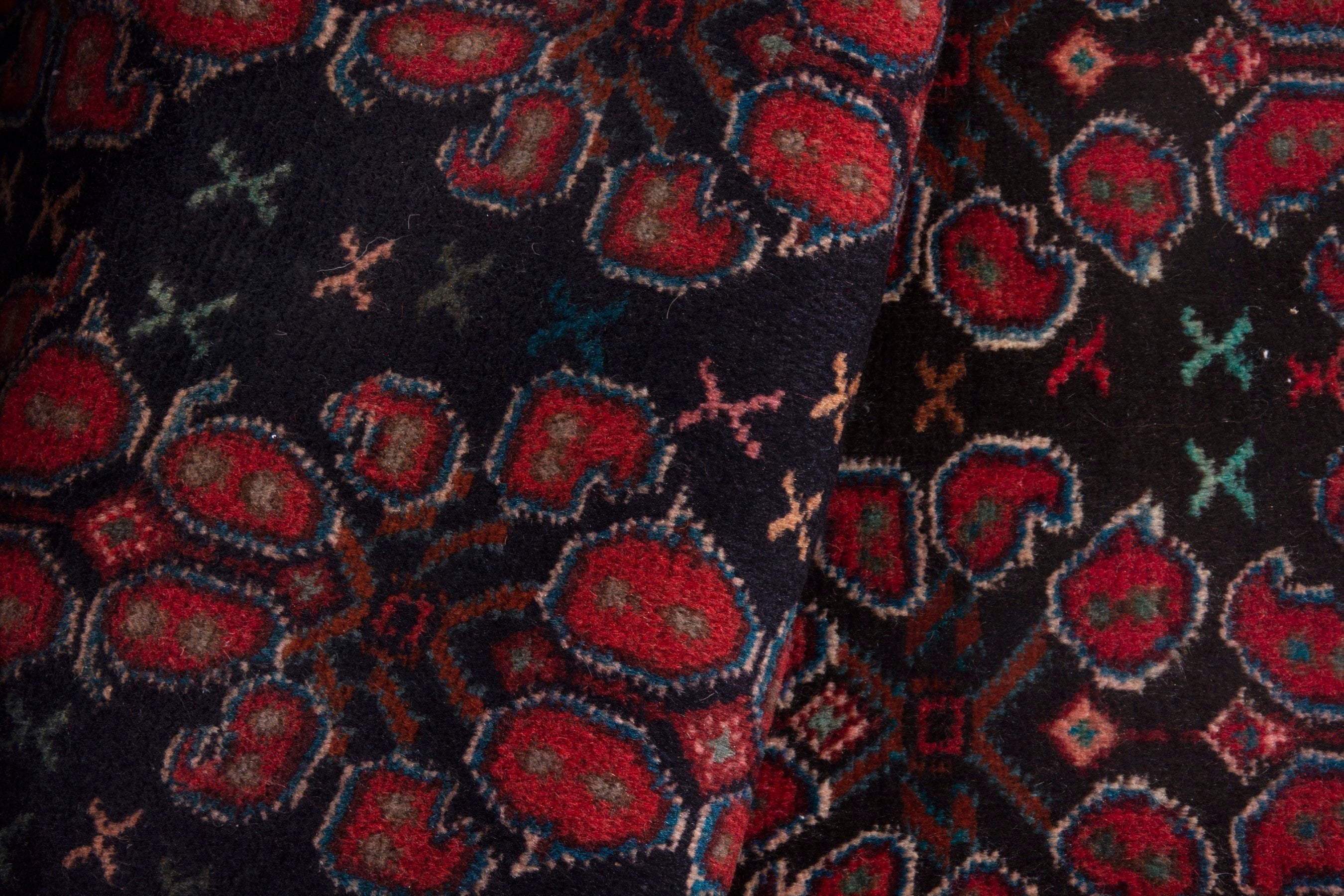 Persian Sanandaj runner rug in navy and burgundy, view 13 of 16