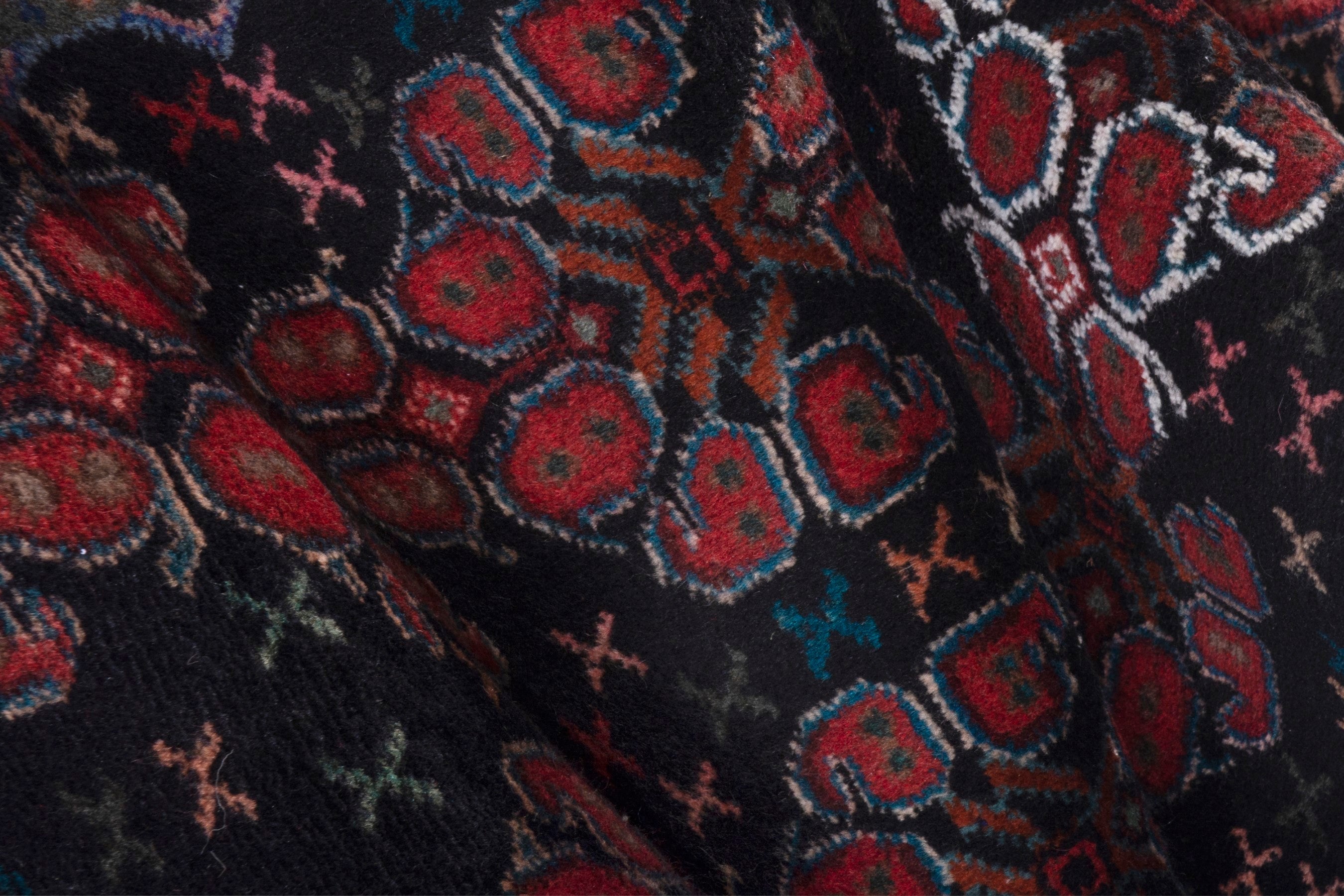 Persian Sanandaj runner rug in navy and burgundy, view 15 of 16