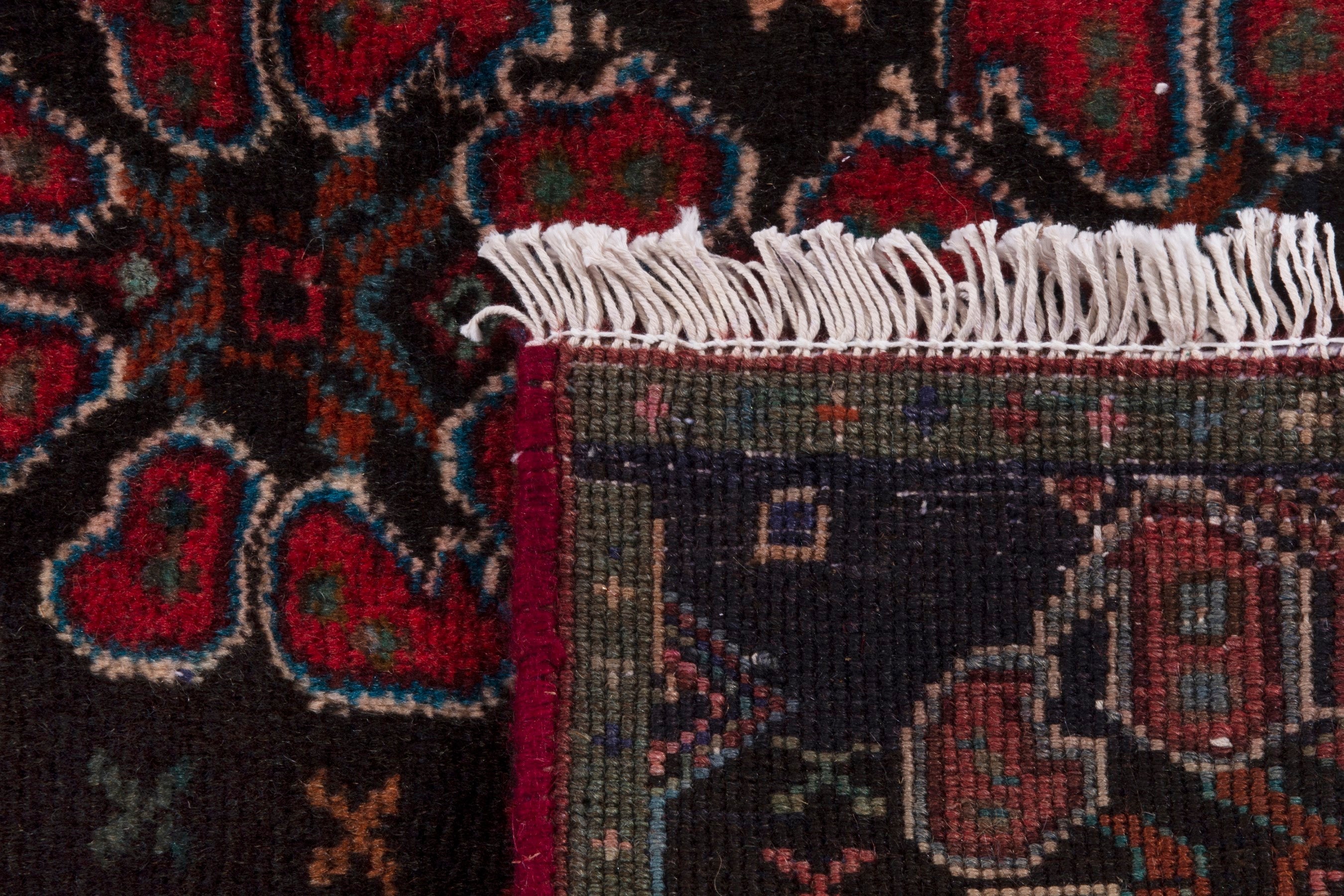 Persian Sanandaj runner rug in navy and burgundy, view 16 of 16